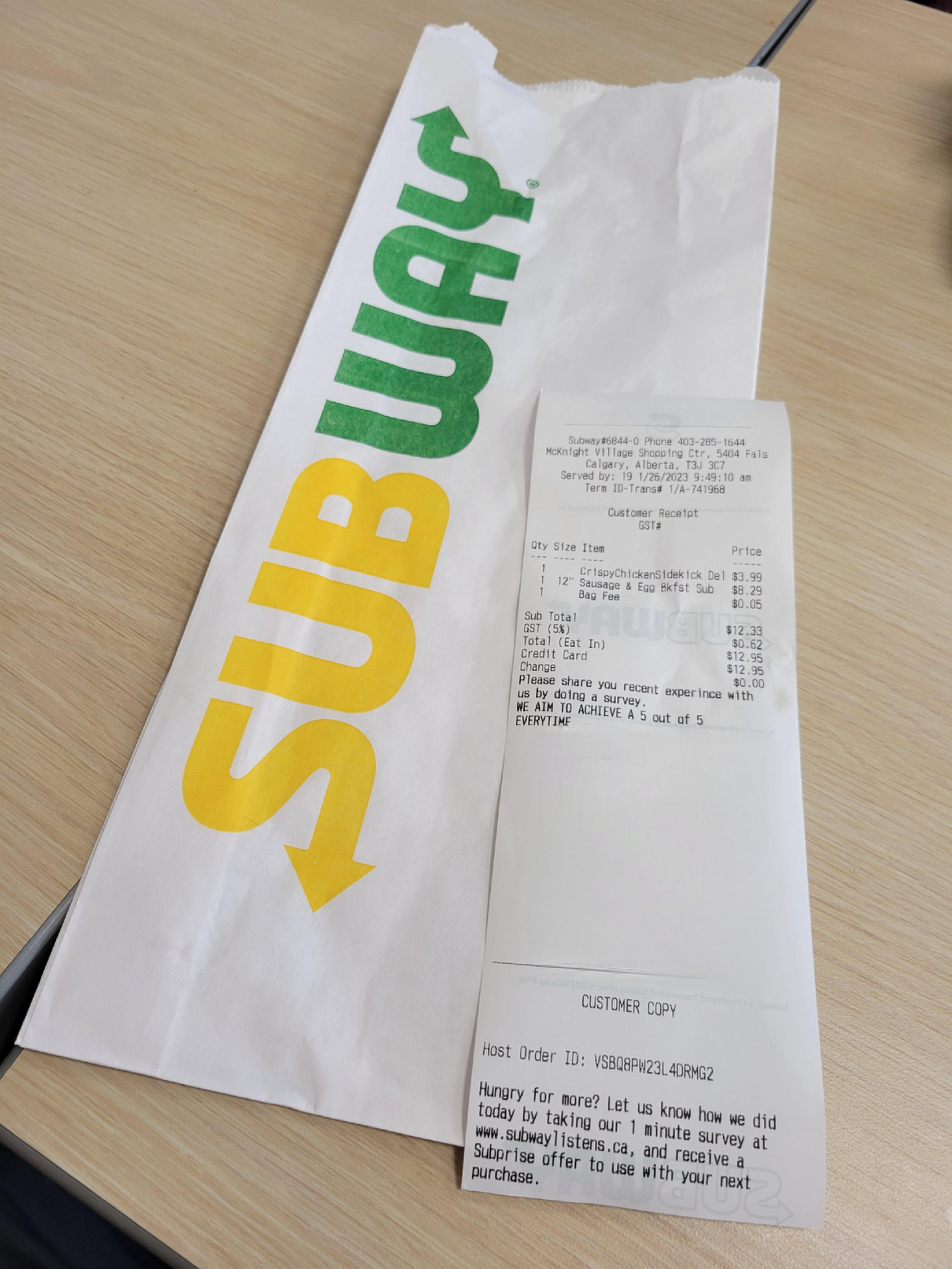 Subway now charging for a paper bag for eat in.. SMH r/Calgary