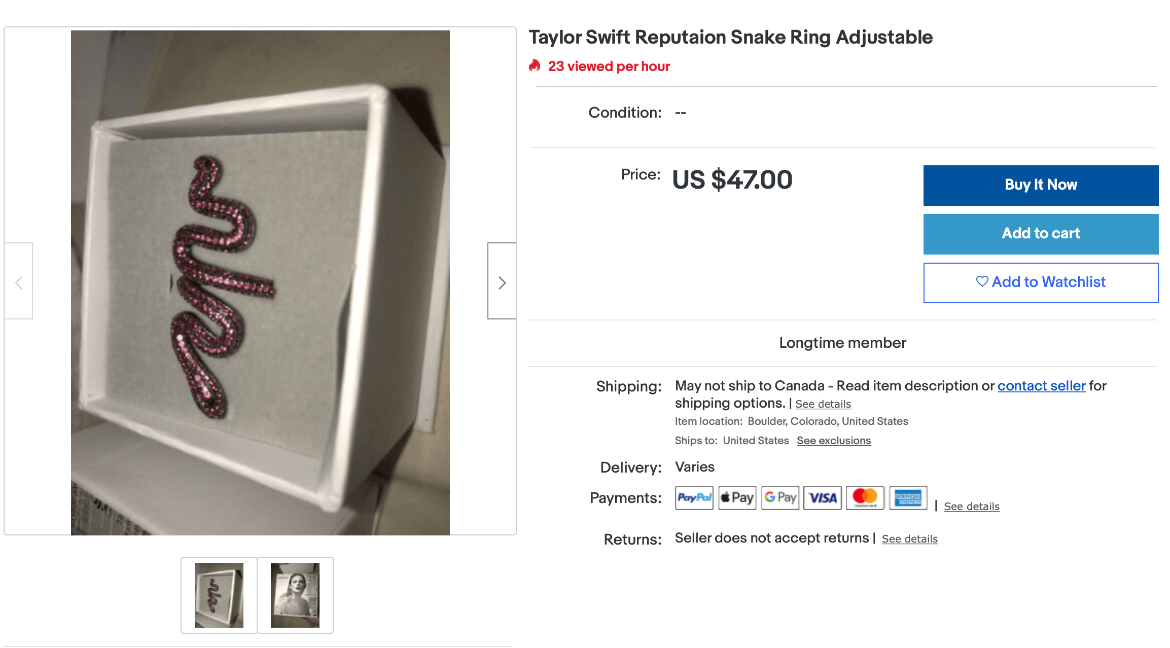 I can't believe no one has bought this yet...Pink/purple snake ring for