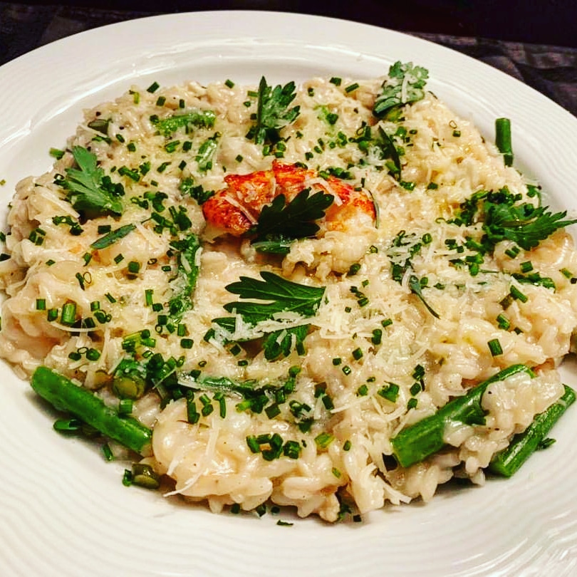 [Homemade] lobster risotto with shrimp, asparagus, fresh herbs, and a whole lot of piove cheese