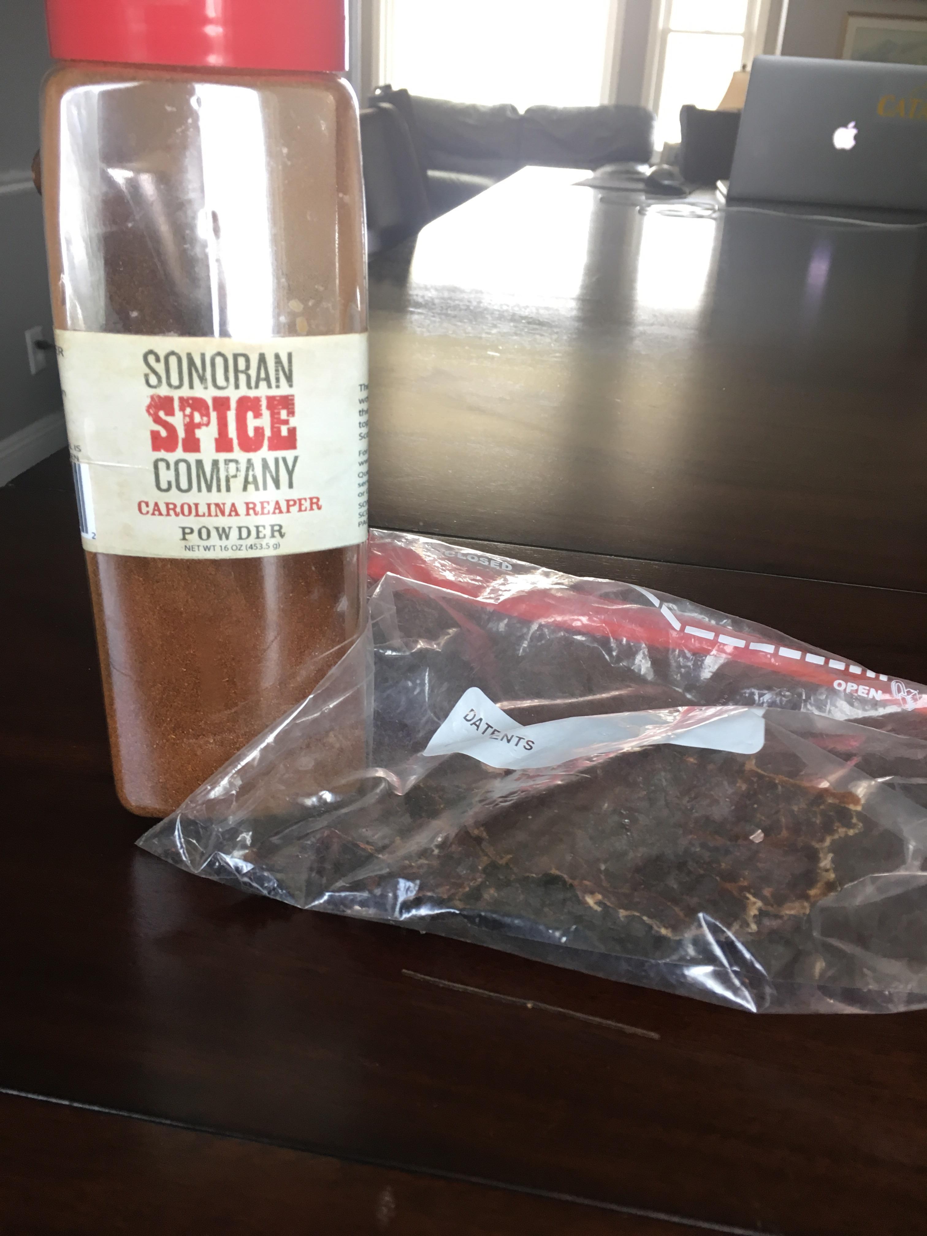 Our neighbor made us some homemade beef jerky with this Carolina reaper