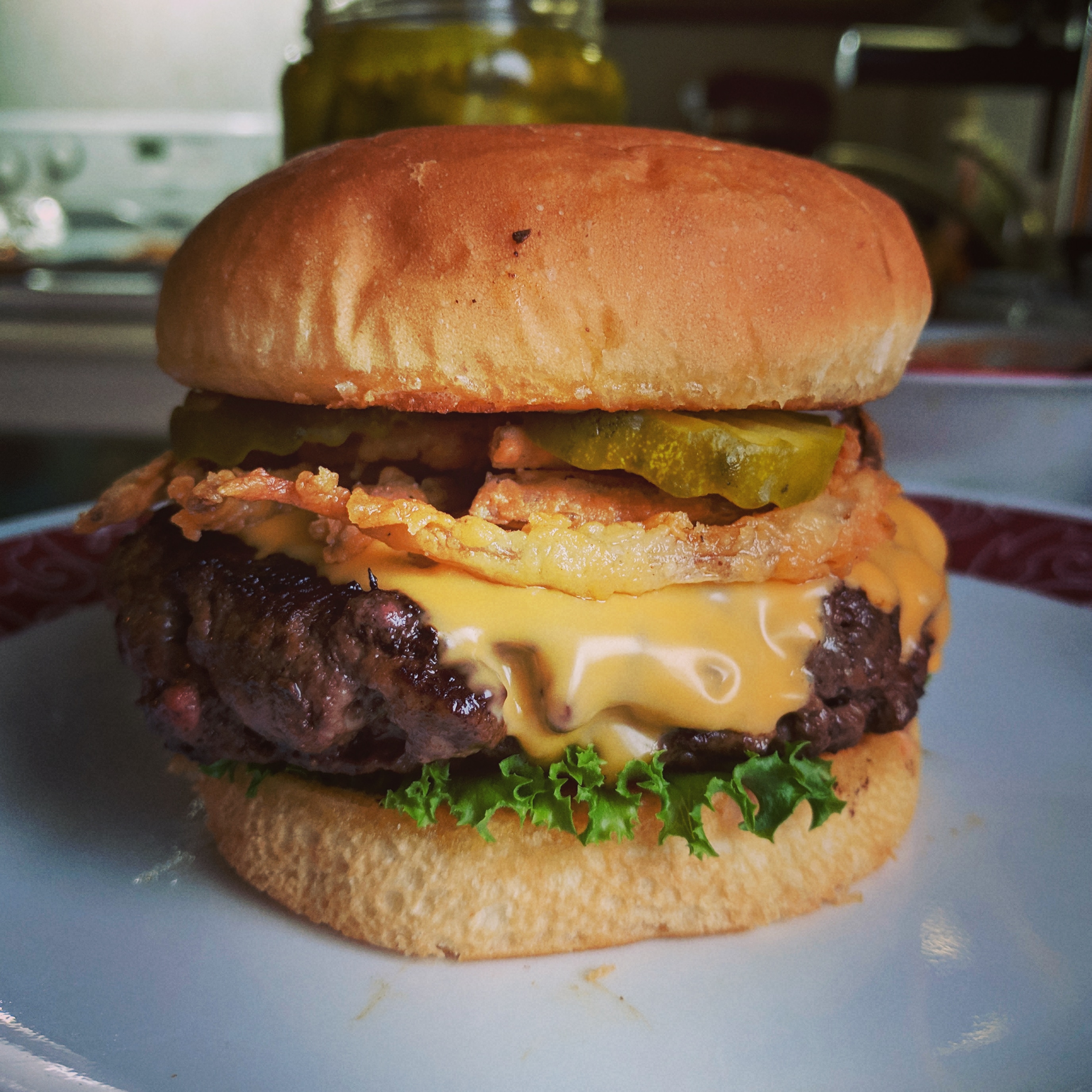[Homemade] ground sirloin, cheddar, and fried onion burger r/food
