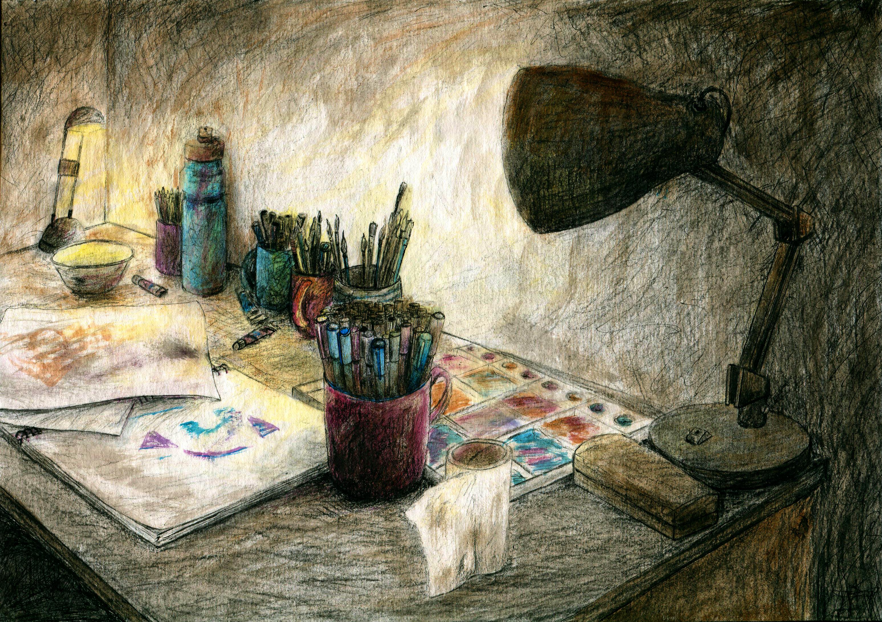 Desk, Watercolor & charcoal, a4 r/Art