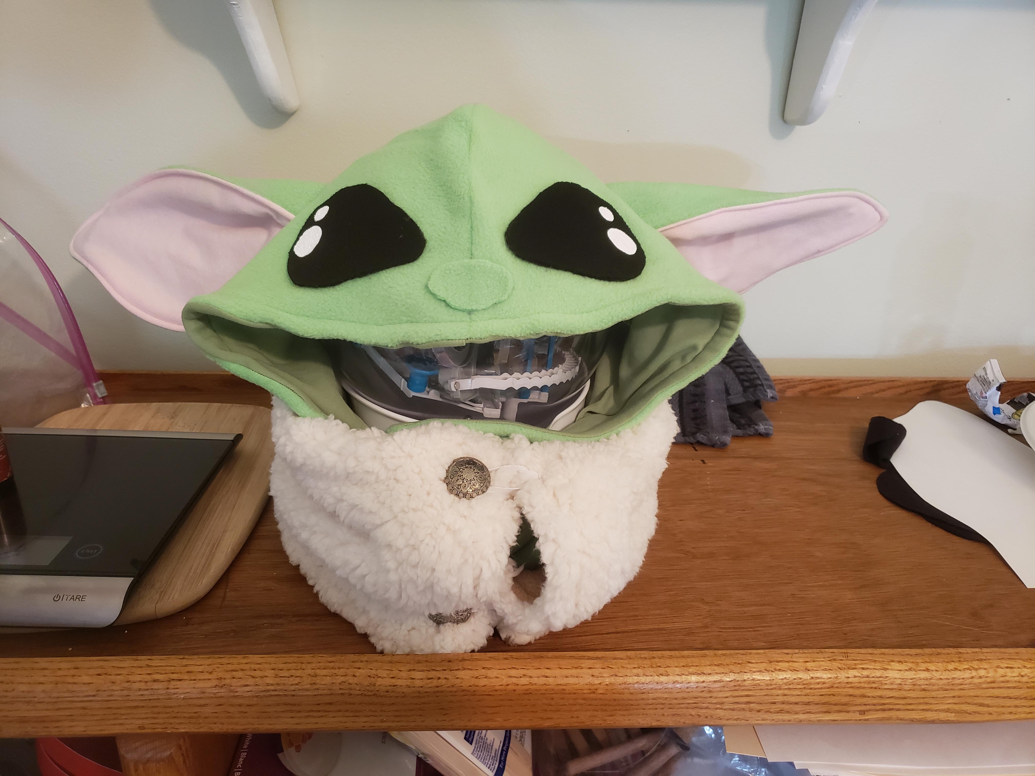Baby yoda hat/hood with scarf, self drafted r/sewing