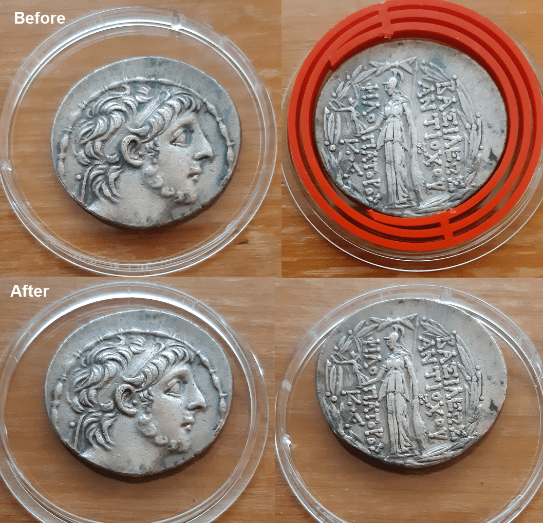 Acetone treatment of PVC discoloration, before and after r/AncientCoins