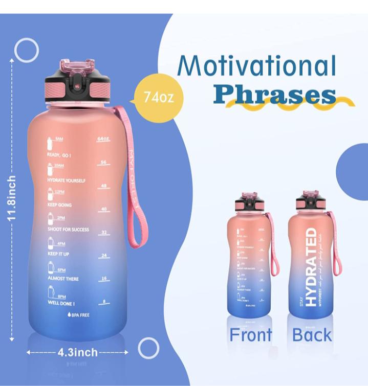 For US, Half Gallon Drinking Water Bottle with Time Markings, 64oz