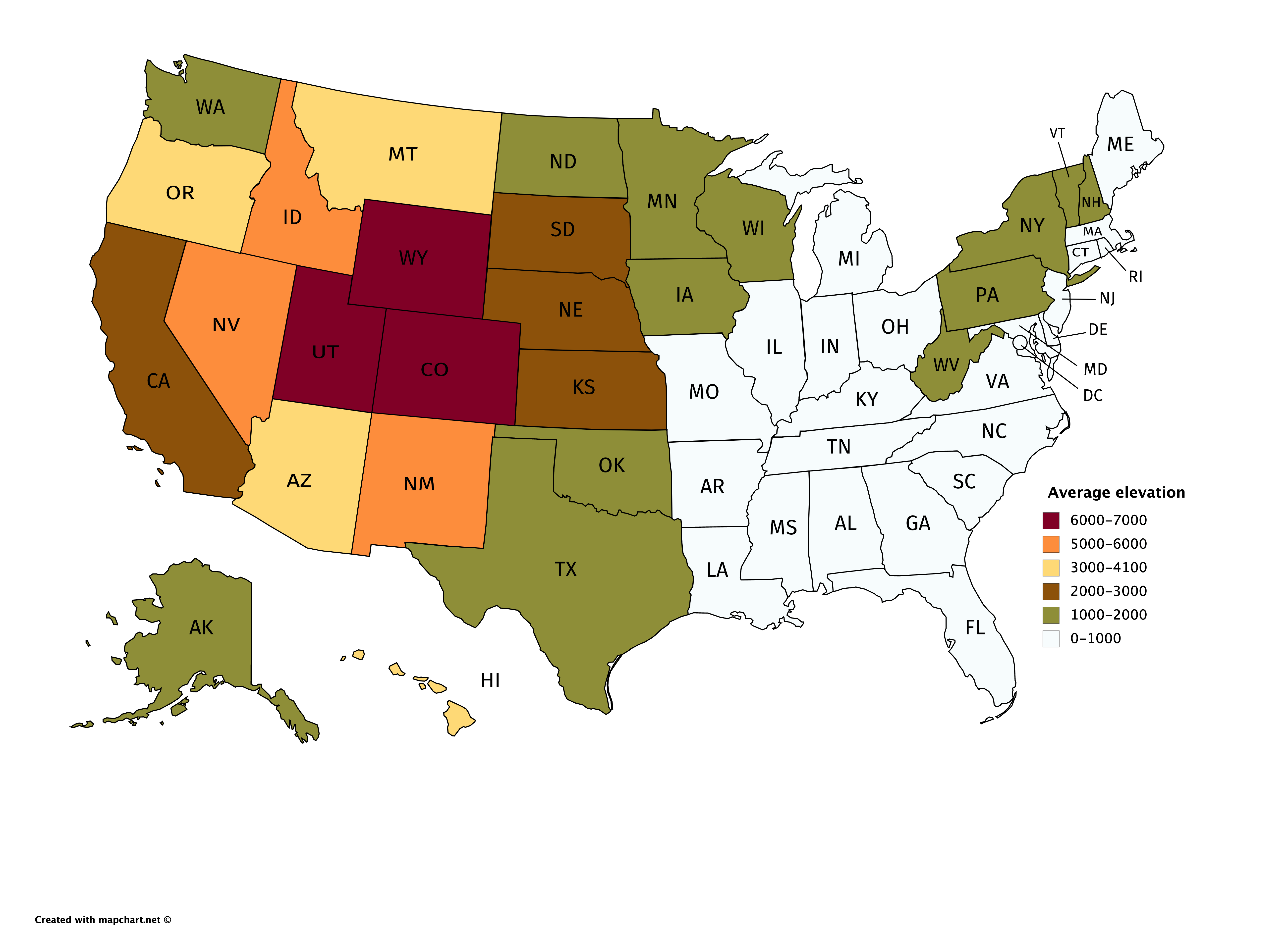 Average House Elevation Map [OC] Average elevation by U.S. state dataisbeautiful