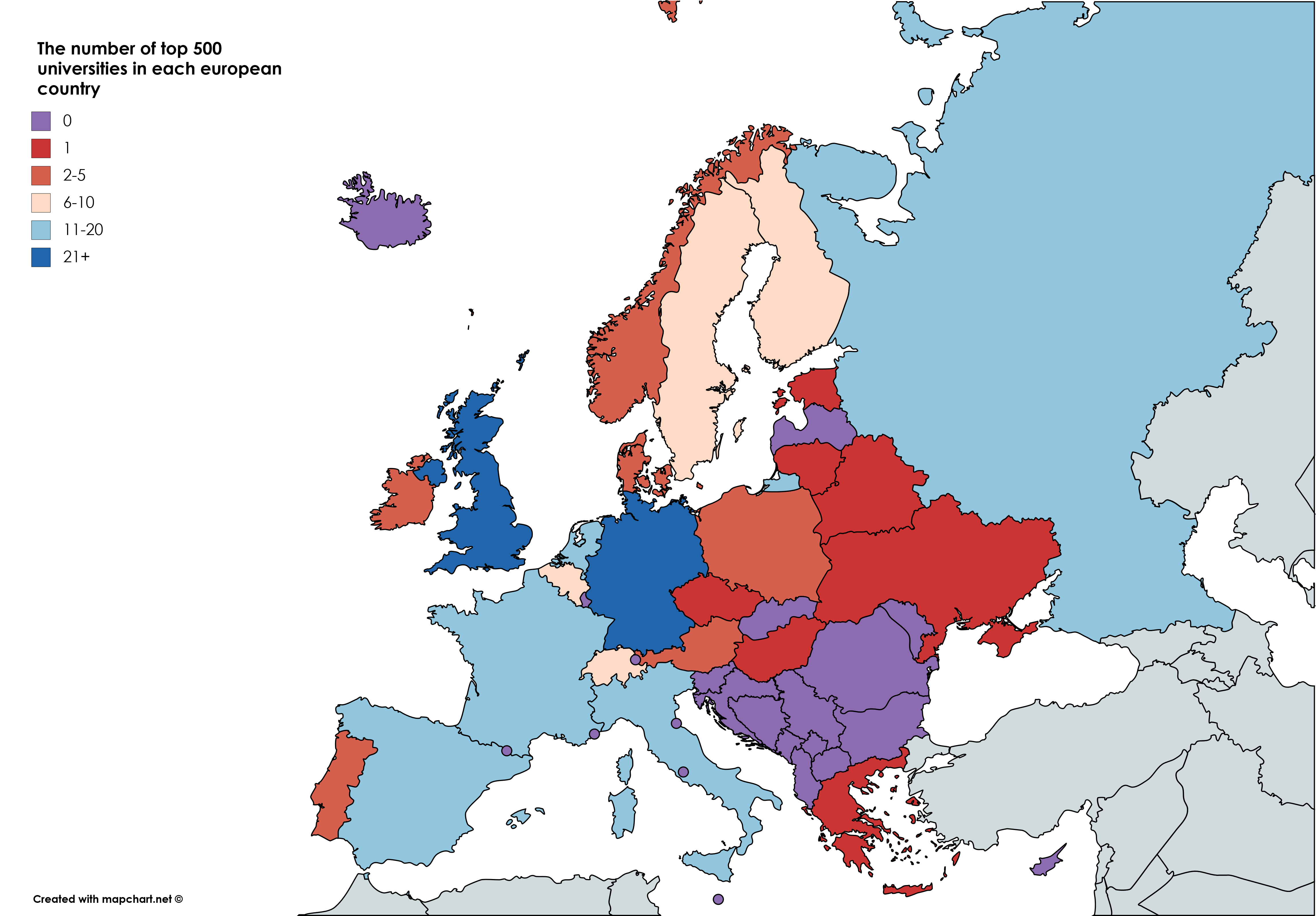 Number of top 500 universities in Europe by country r/MapPorn