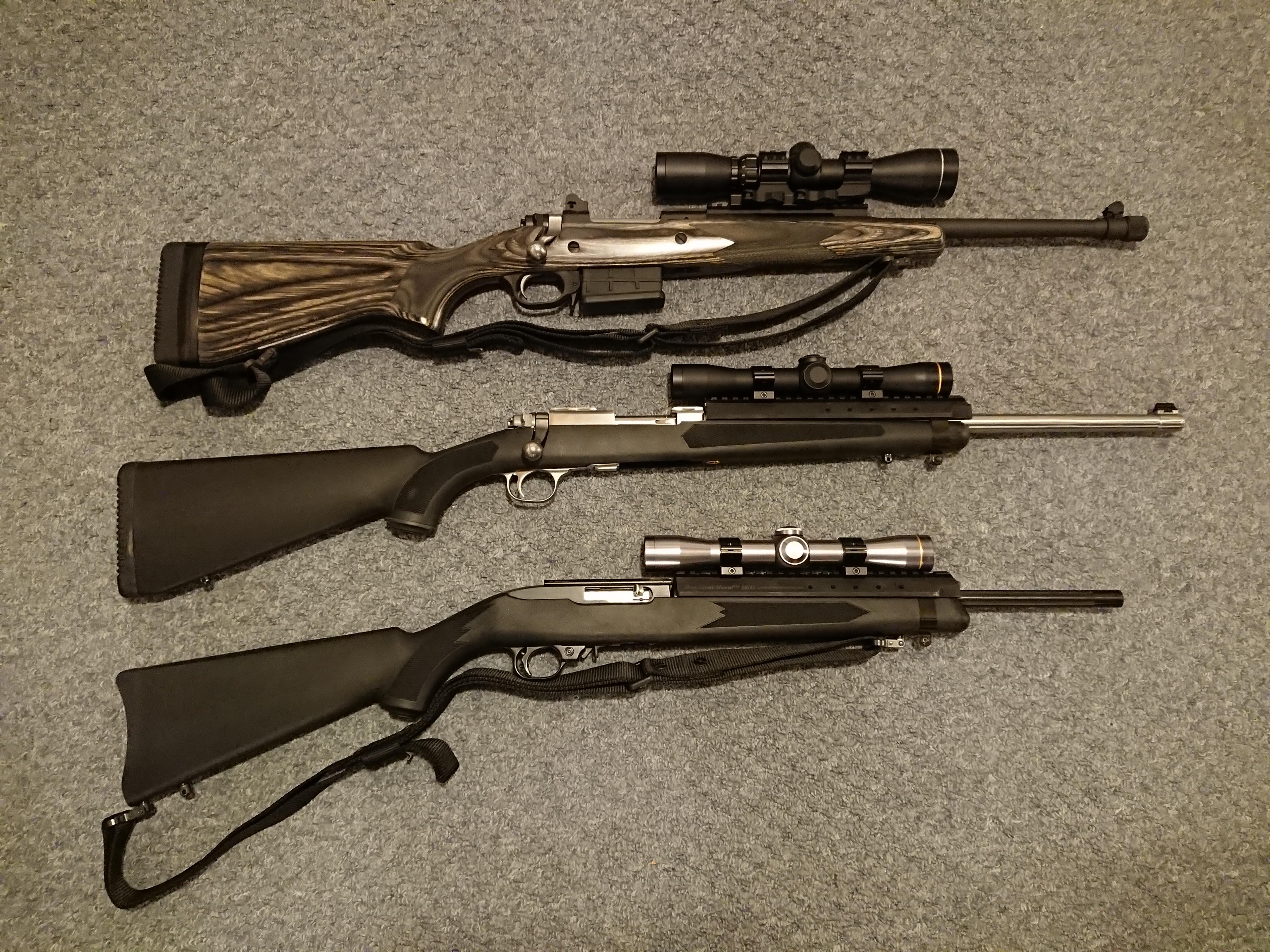 My Ruger scout collection. Gunsite scout in .308, 77/357, and 10/22. The 77/357 and 10/22 both
