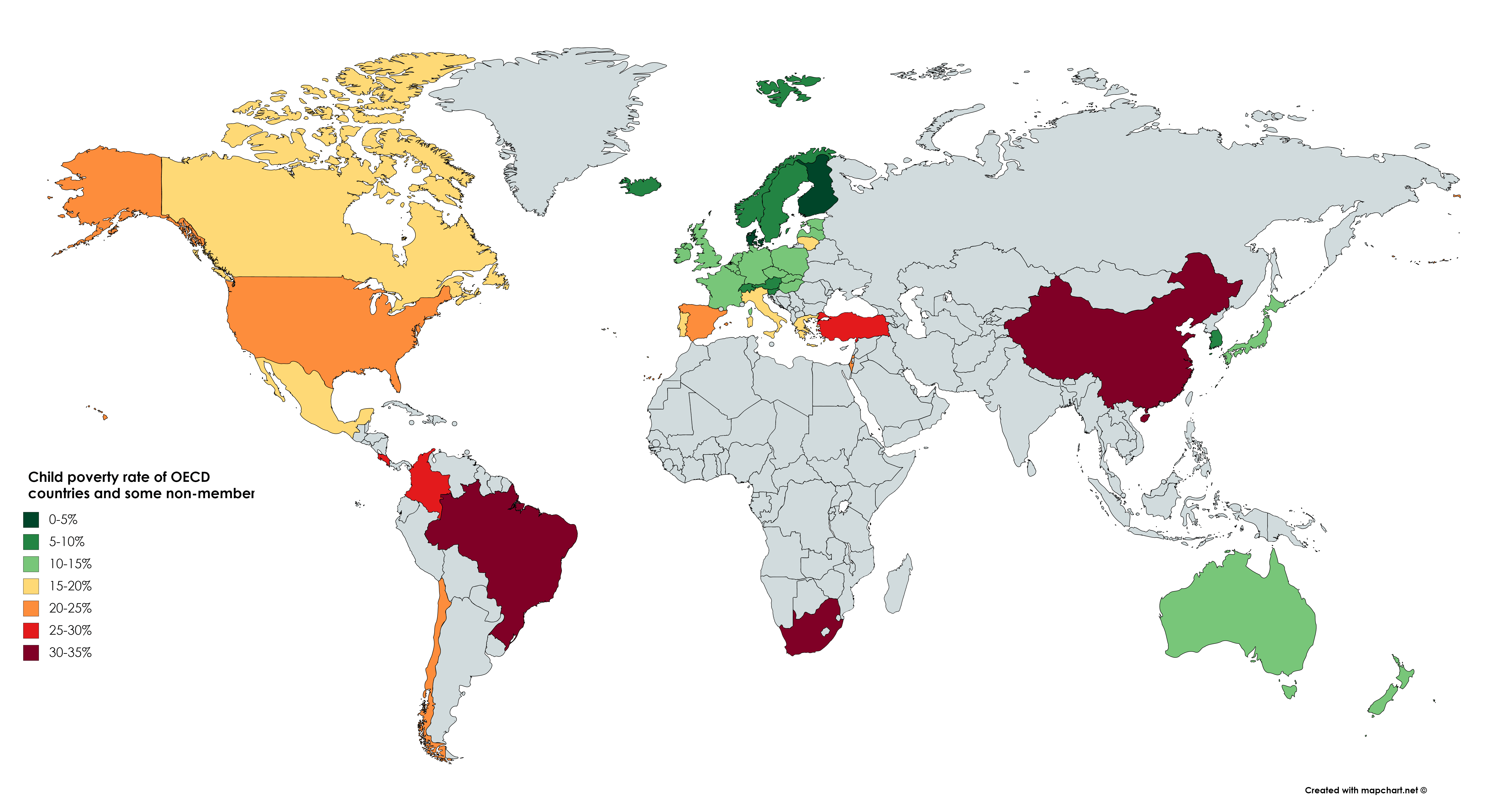 Child poverty rate of OECD countries and some nonmembers [6460*3480