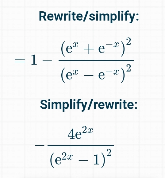 Trying to find the derivative of (e^x+e^x)/(e^xe^x) r/calculus