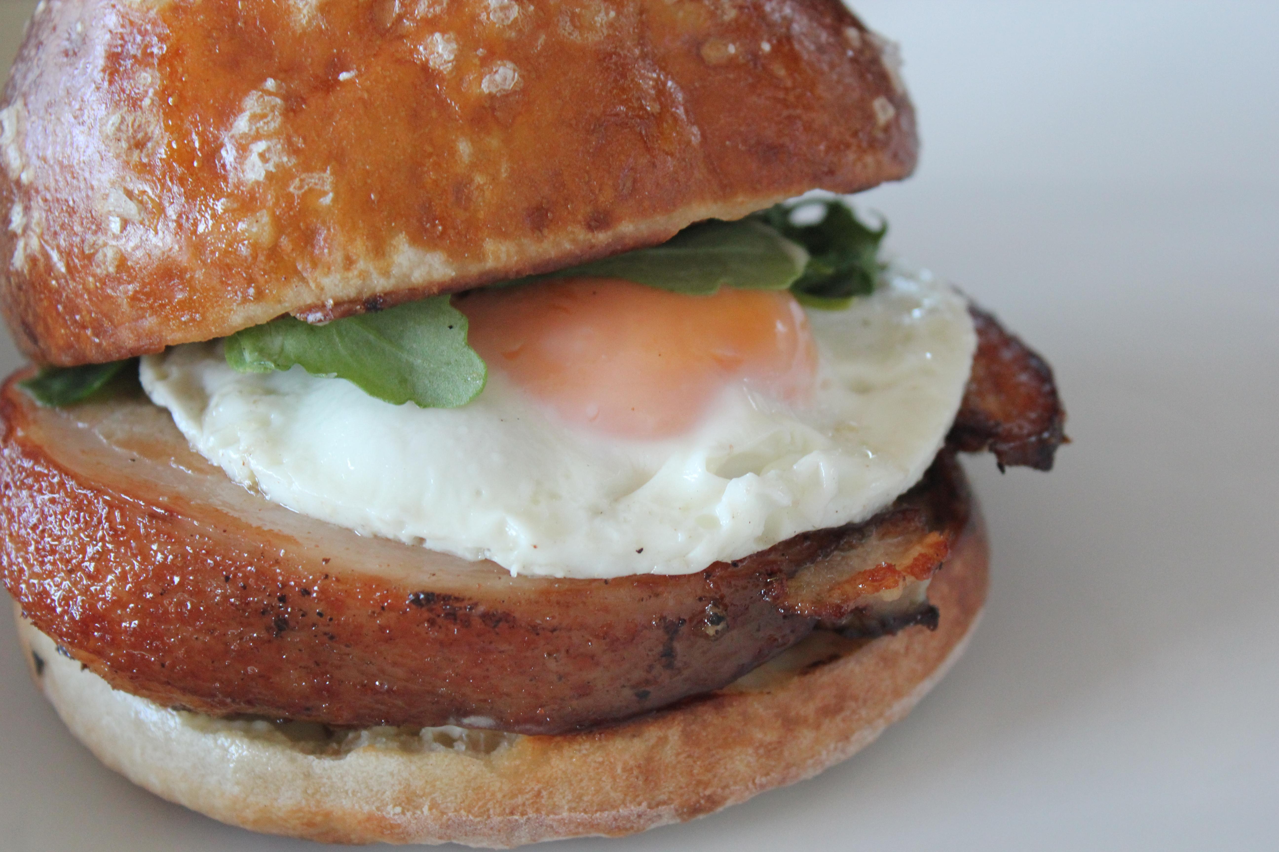 Kenji's 36 Hour Sous Vide Porchetta, fried egg, arugula, dijon aioli