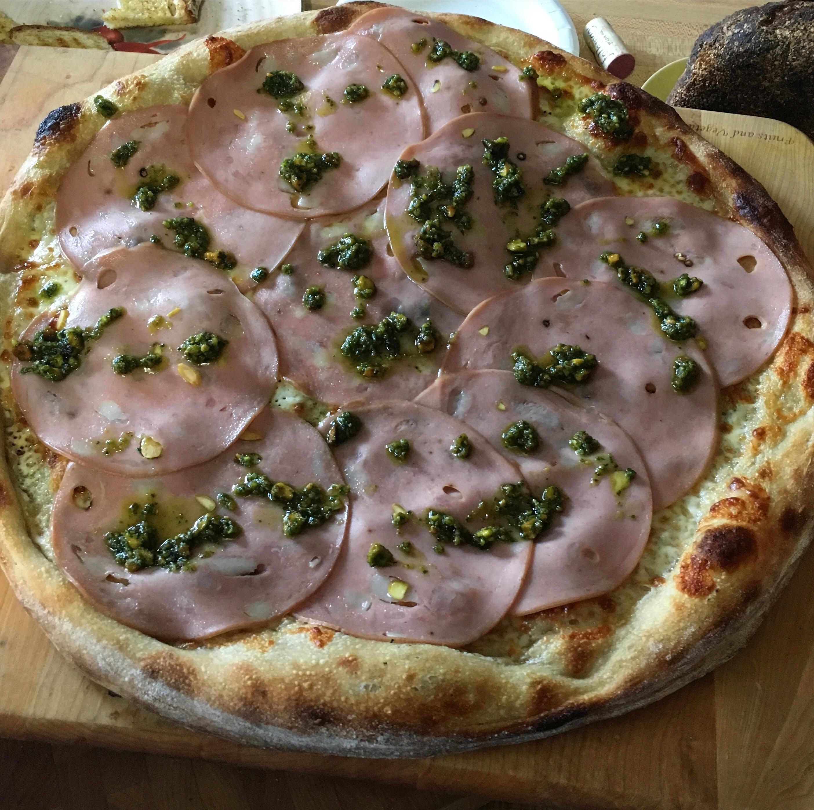 Mortadella with pistachio pesto r/Pizza