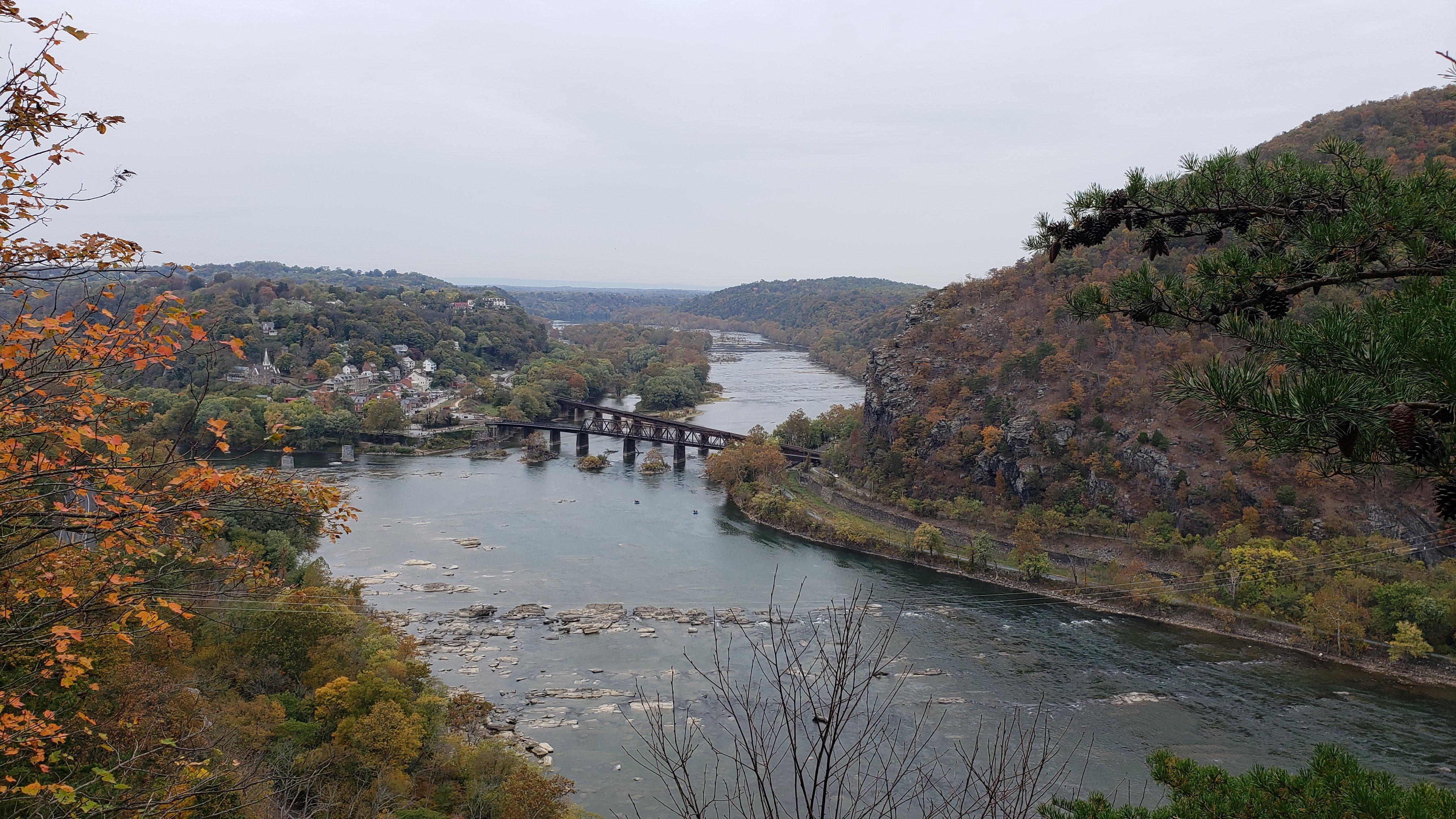Harpers Ferry, WV, Potomac River, and Maryland Heights from Split Rock on Loudoun Heights, USA