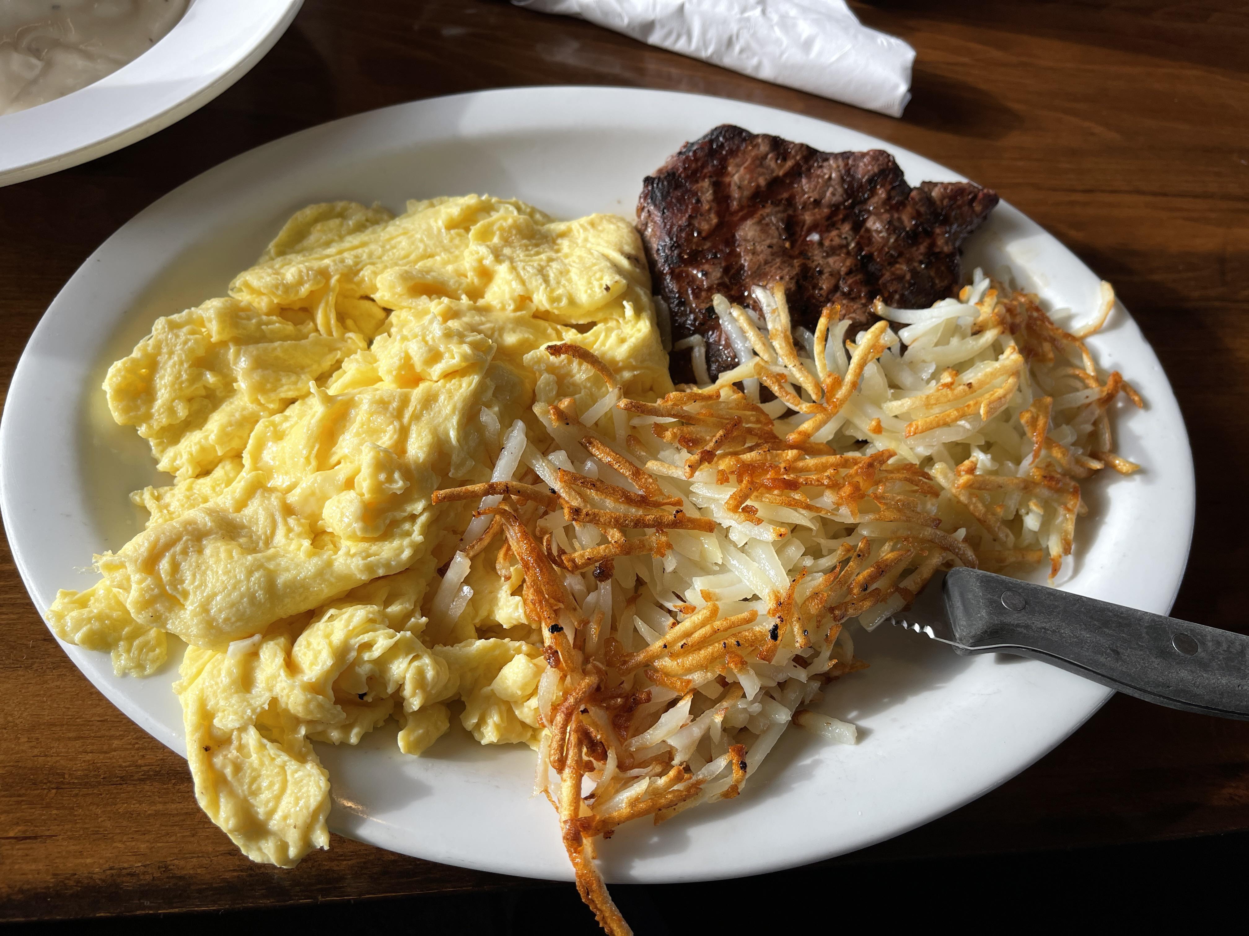 New York steak and eggs with hadhbrowns r/FoodPorn