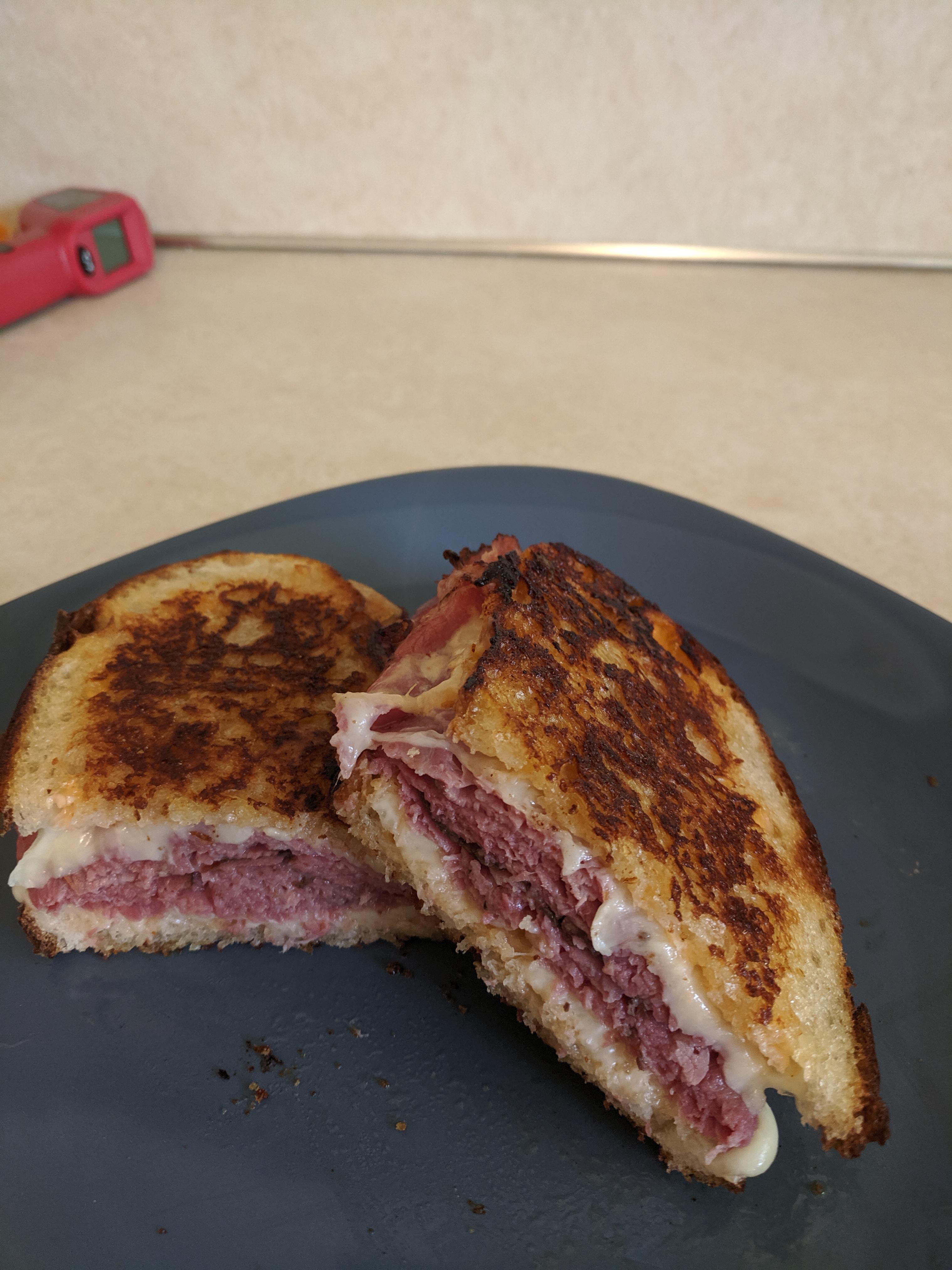 Homemade pastrami and swiss cheese on my homemade sourdough. r