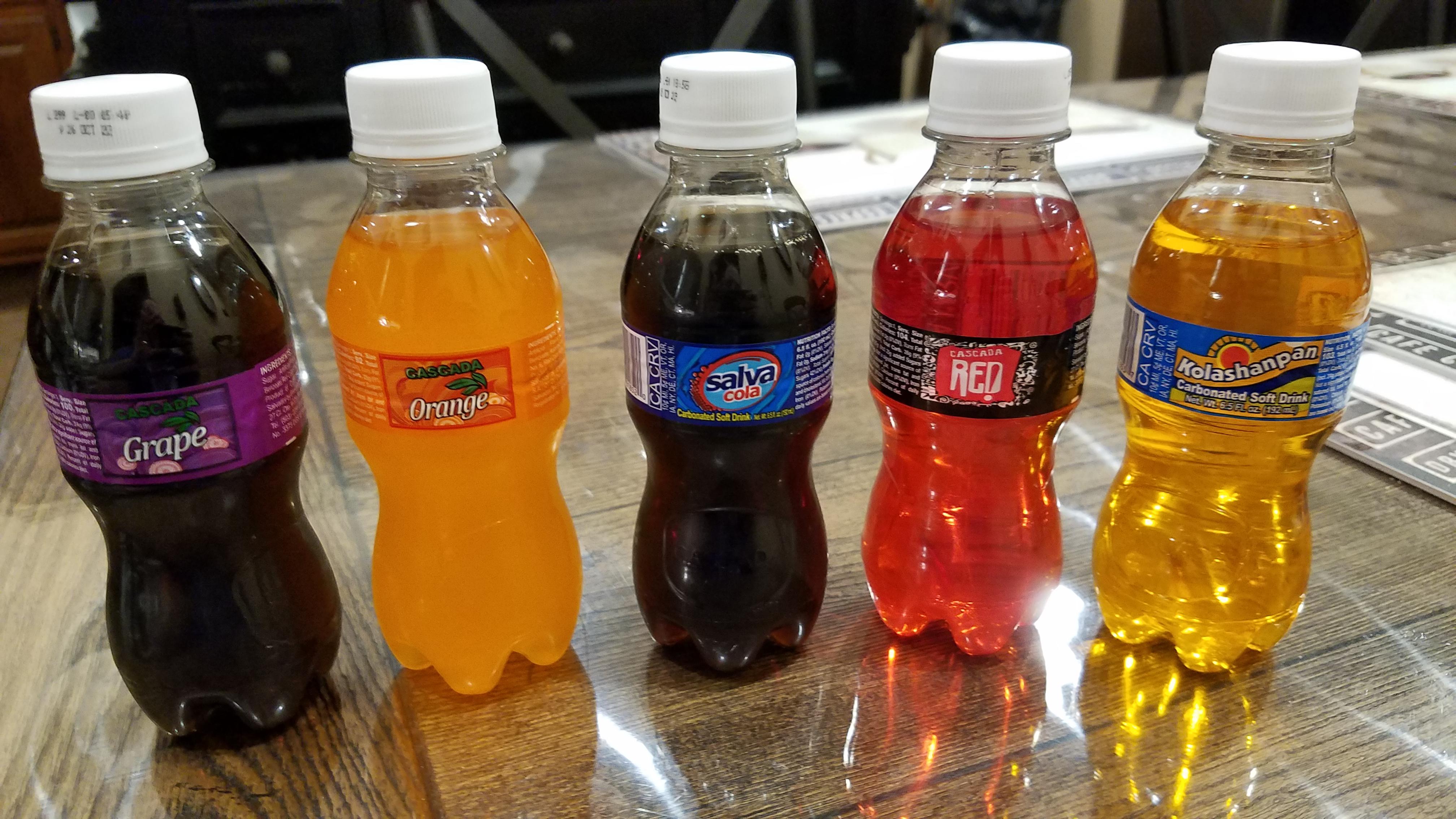 Soda made in El Salvador. Salva Cola, Cascada Orange, Cascada Grape
