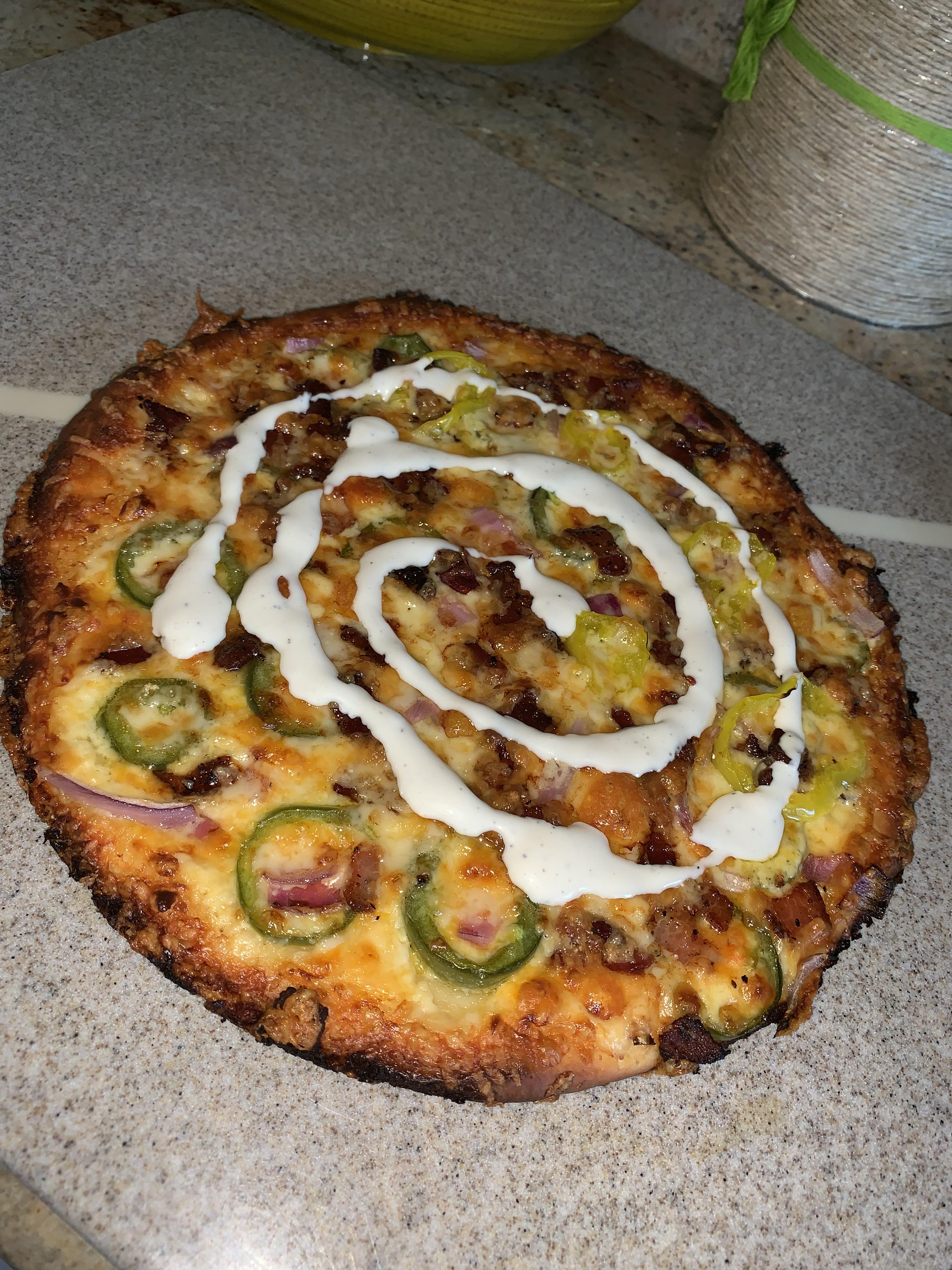 [I Made] homemade white sauce pizza with Bacon, Onion, Jalepeno, Banana