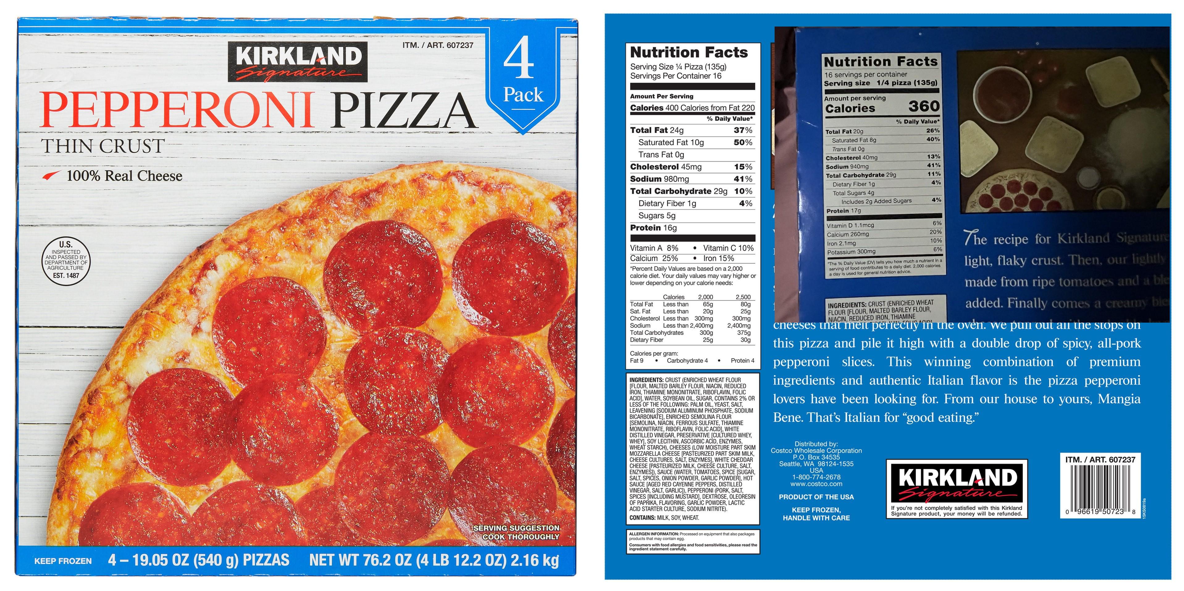 Kirkland pizza same serving size, less calories and fat but same