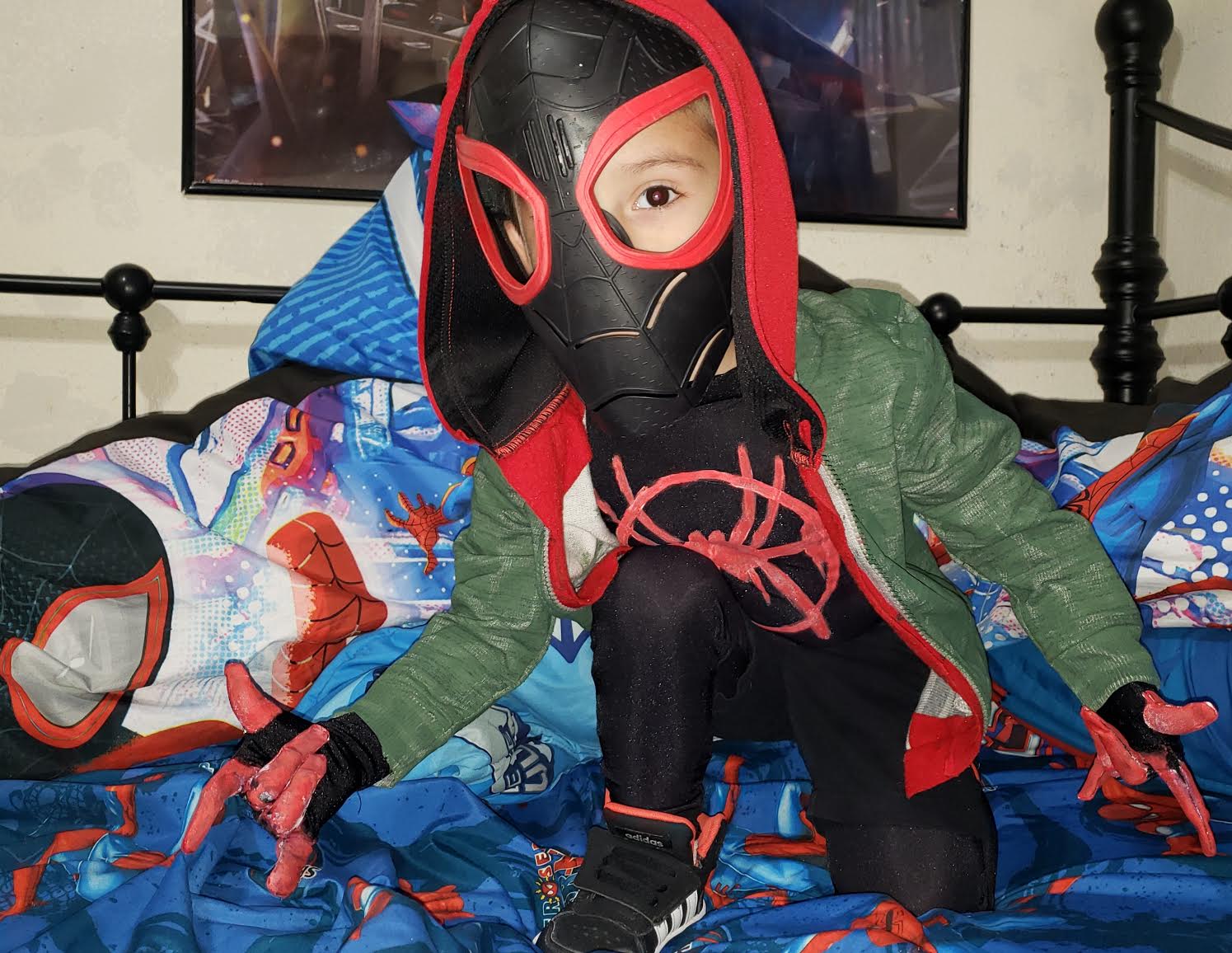My little Miles Morales is ready for Halloween, mostly homemade costume