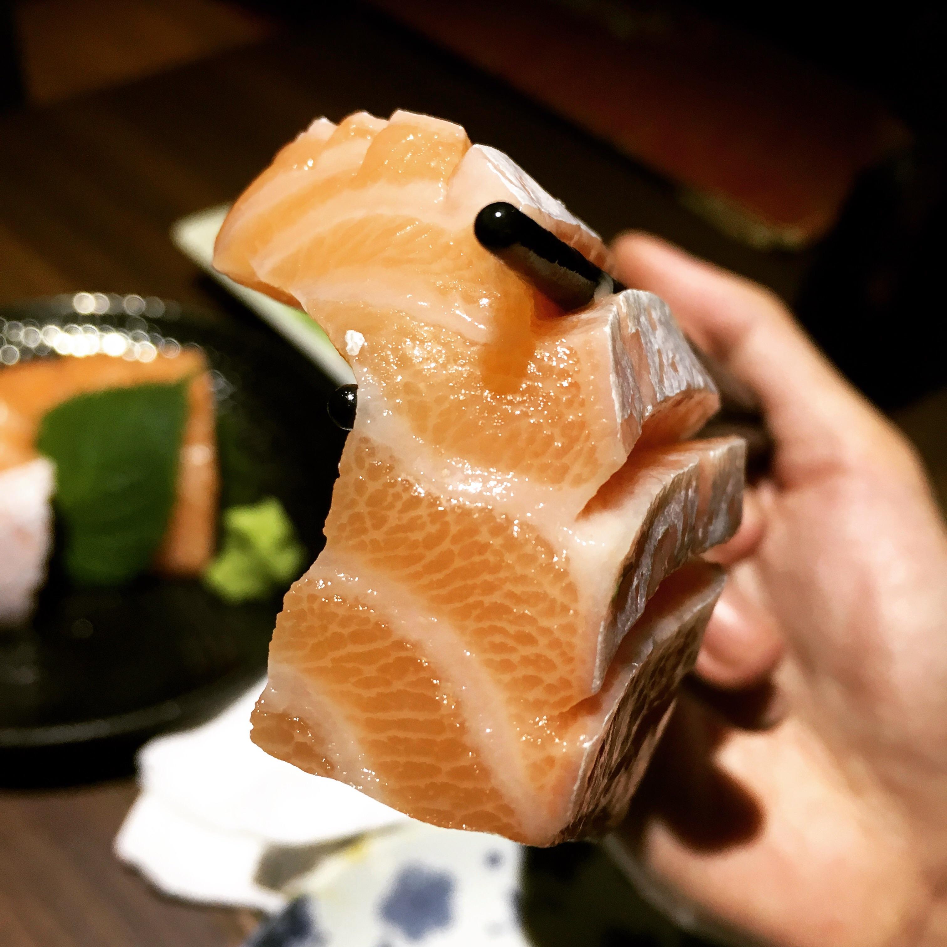 I ate amazingly marbled thick cut salmon belly sashimi [1080x1080] r