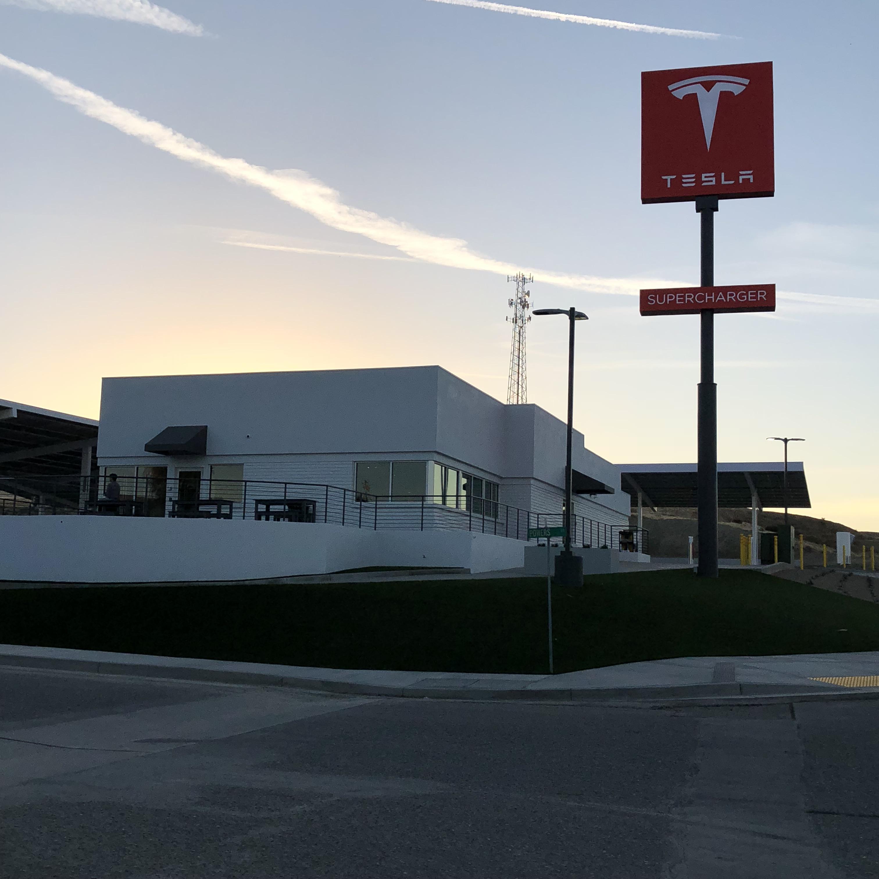 The future of super charging. Private Tesla lounges. 40 bay charging