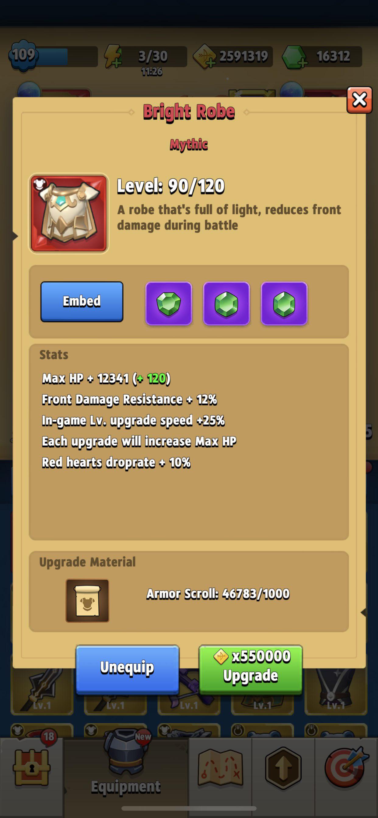 Mythic Bright Robe is back to having +10 HP drops r/Archero