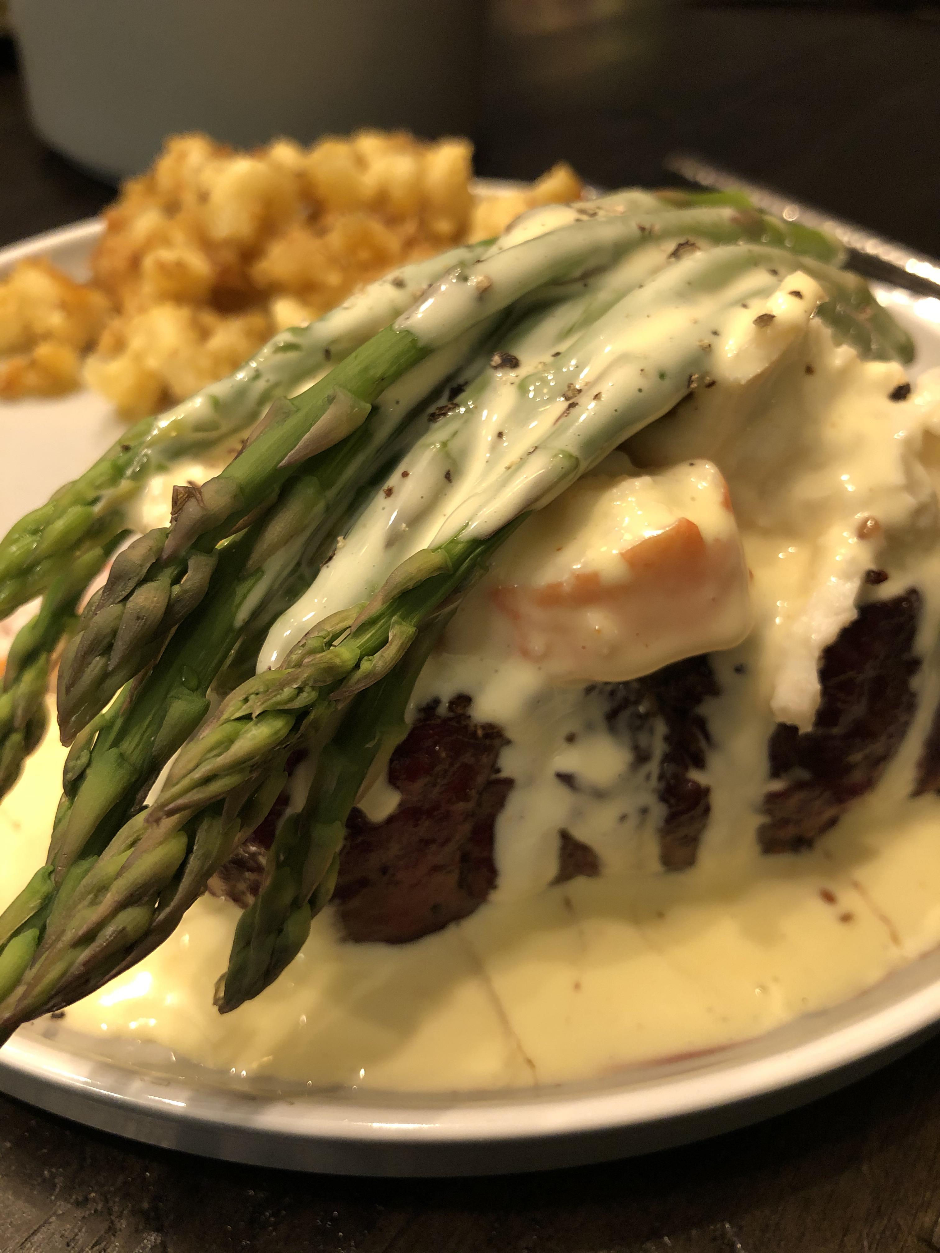 Somewhere under all that asparagus, king crab meat, and hollandaise