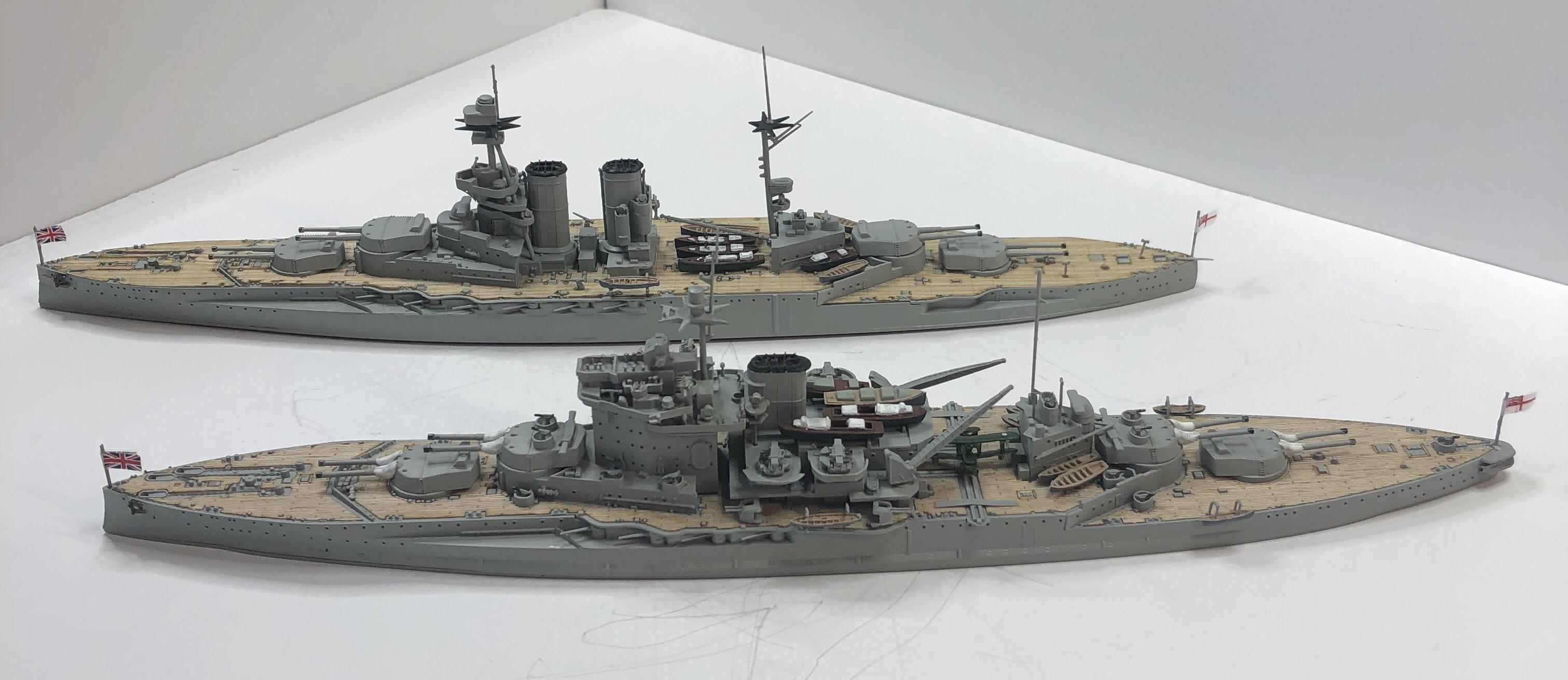 HMS Warspite 1915 (top) 1942 (bottom) showing the extent of the