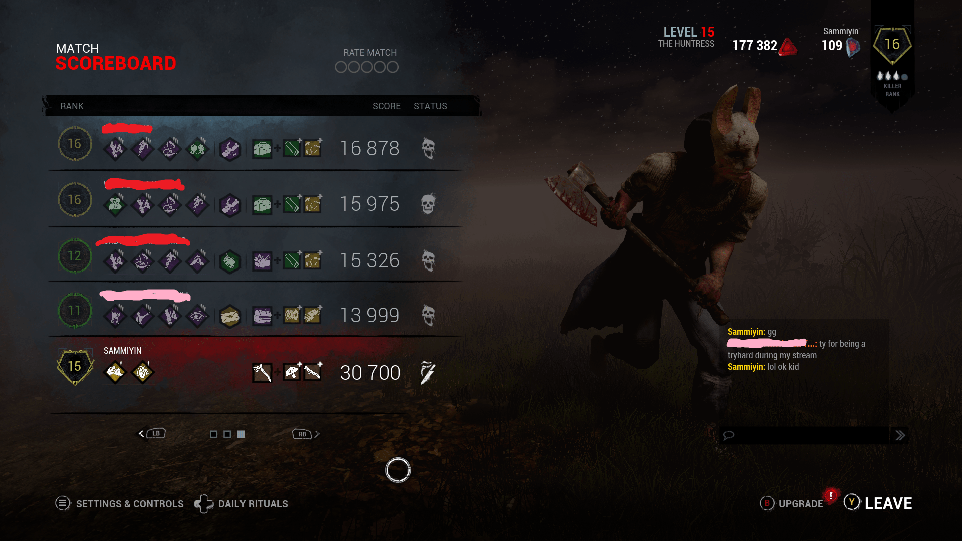 TIL a paltry level 15 huntress with 2 perks can be a tryhard. Against a