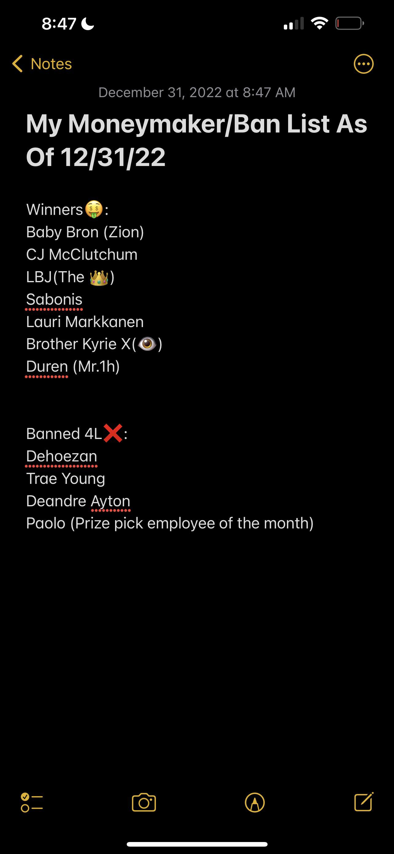 My winner/ban list r/PrizePicks