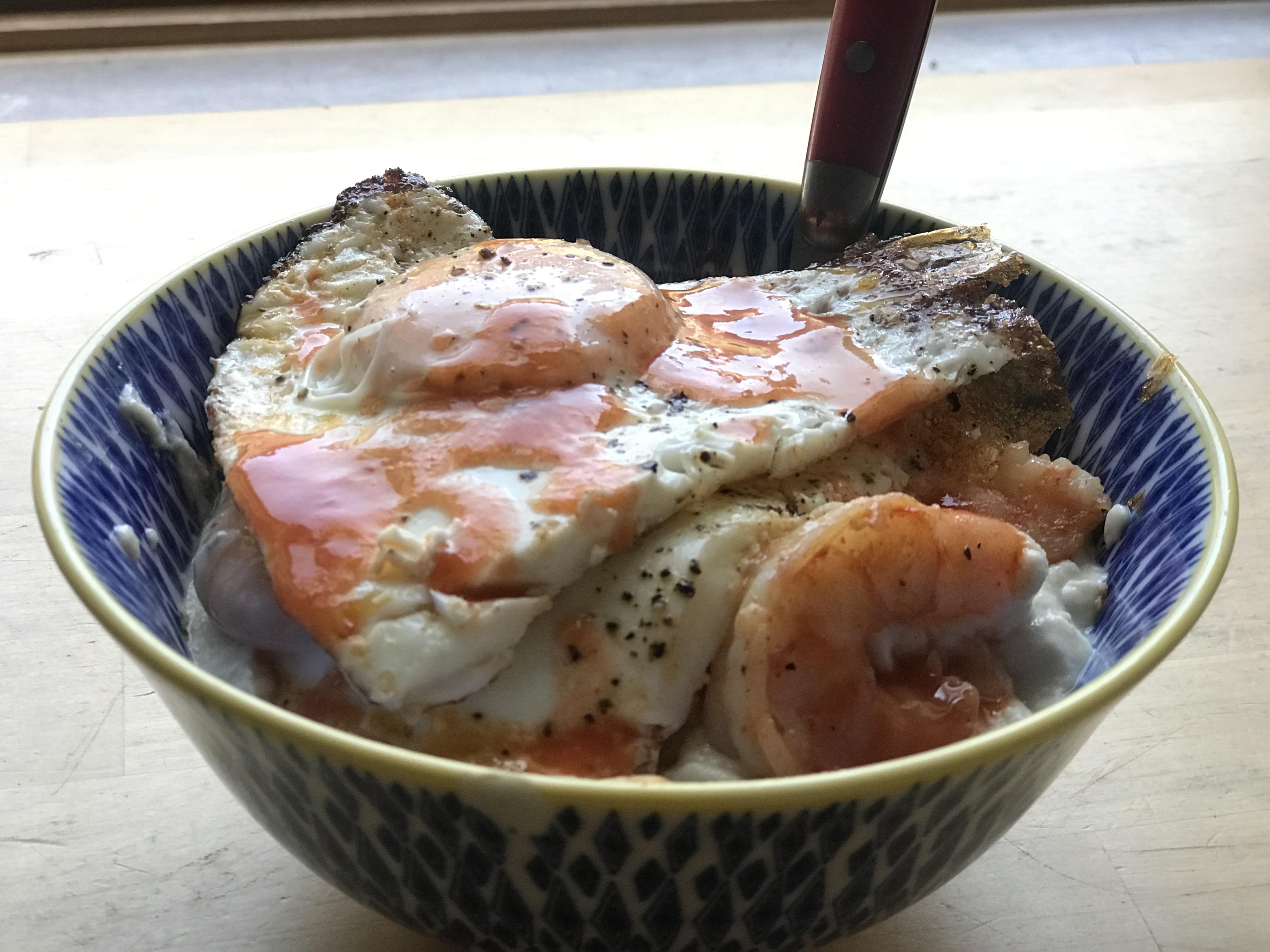 Shrimp & “Grits” with two eggs and hot sauce. My southern heart is