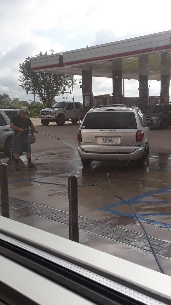 When a customer decides to use the power washer as a car wash while a clerk comes in for a drink