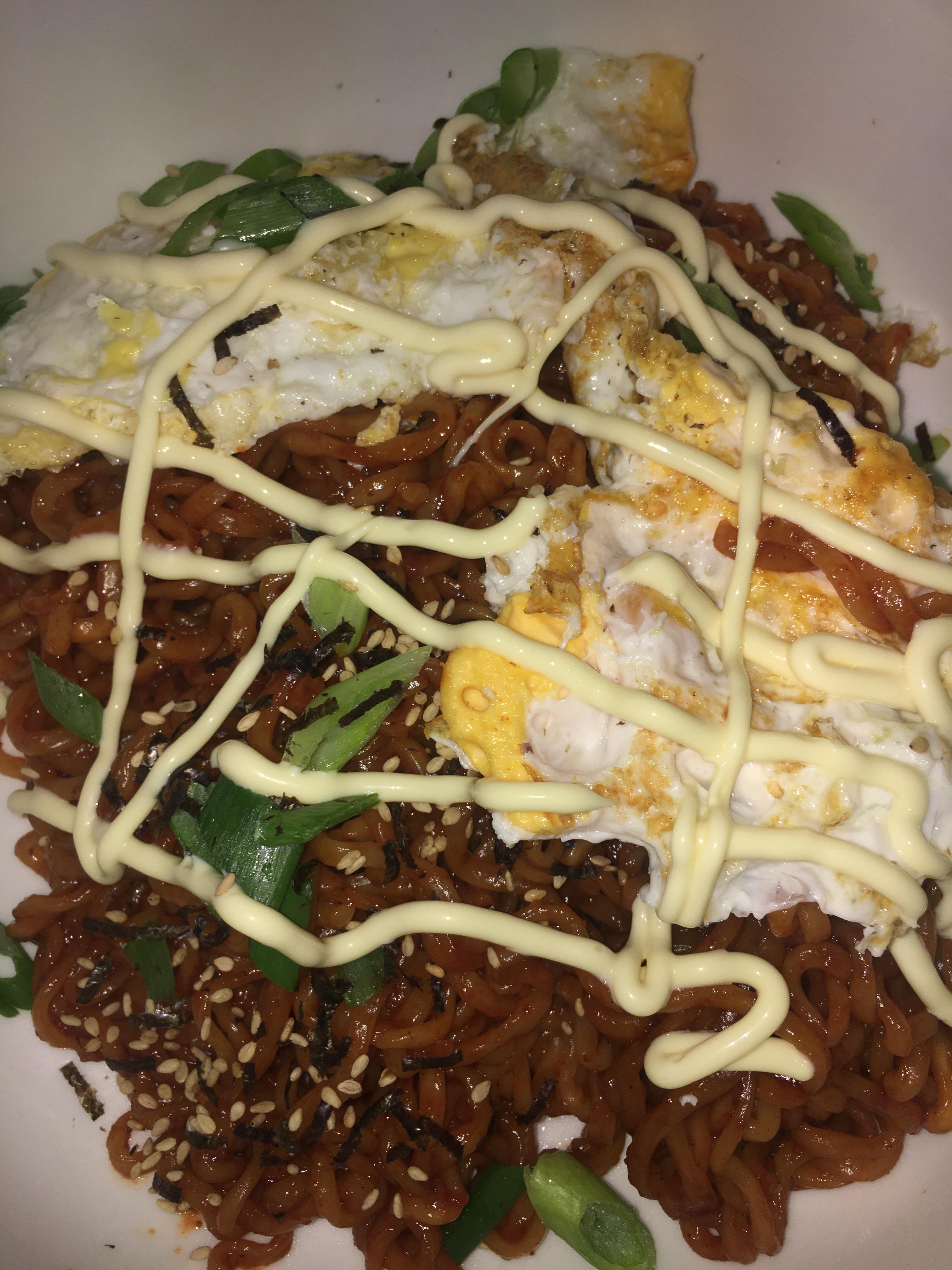 Samyang Hot Chicken Flavour Ramen with 2 fried eggs, spring onions and