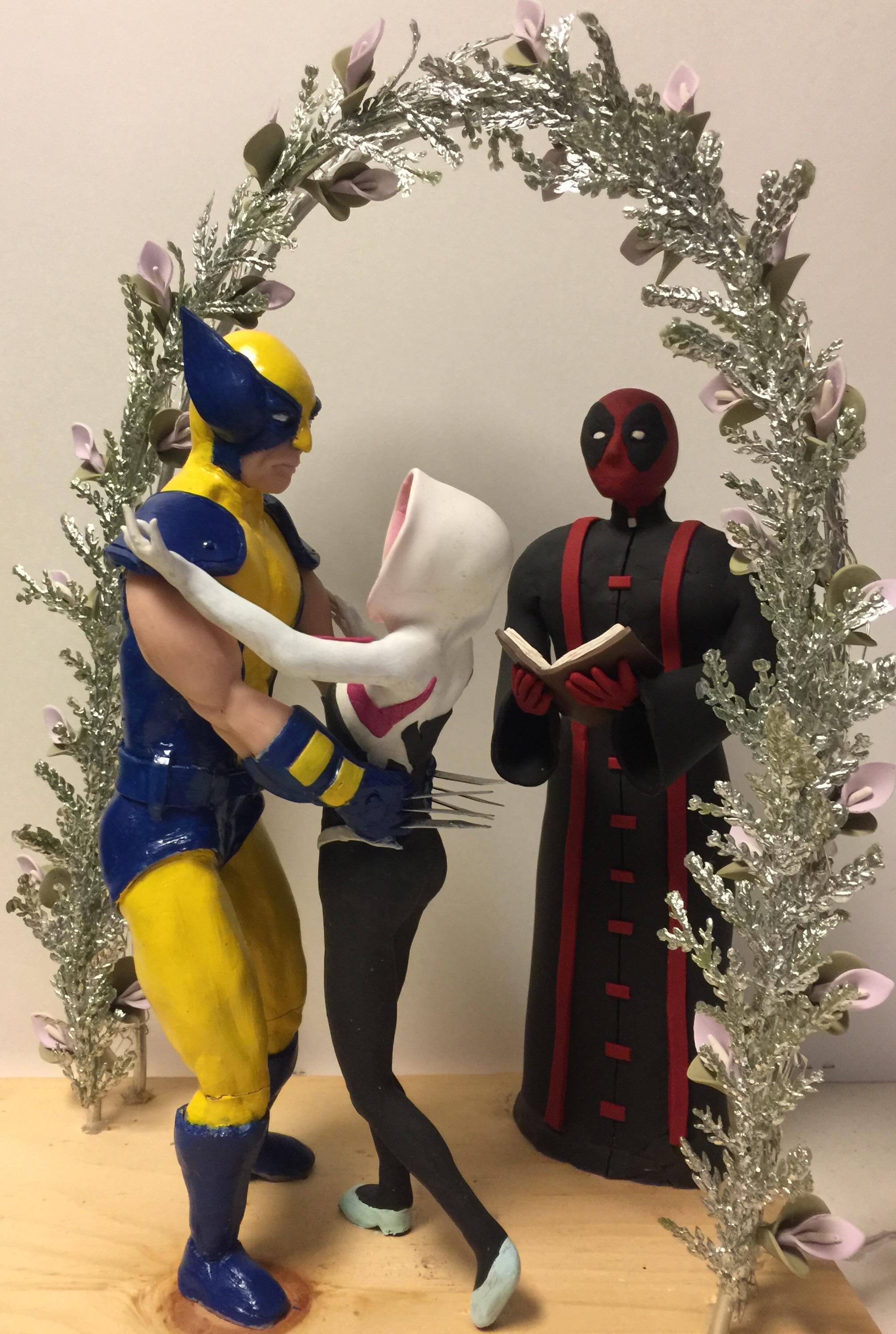 My clay sculpture of Deadpool marrying Wolverine and SpiderGwen. I