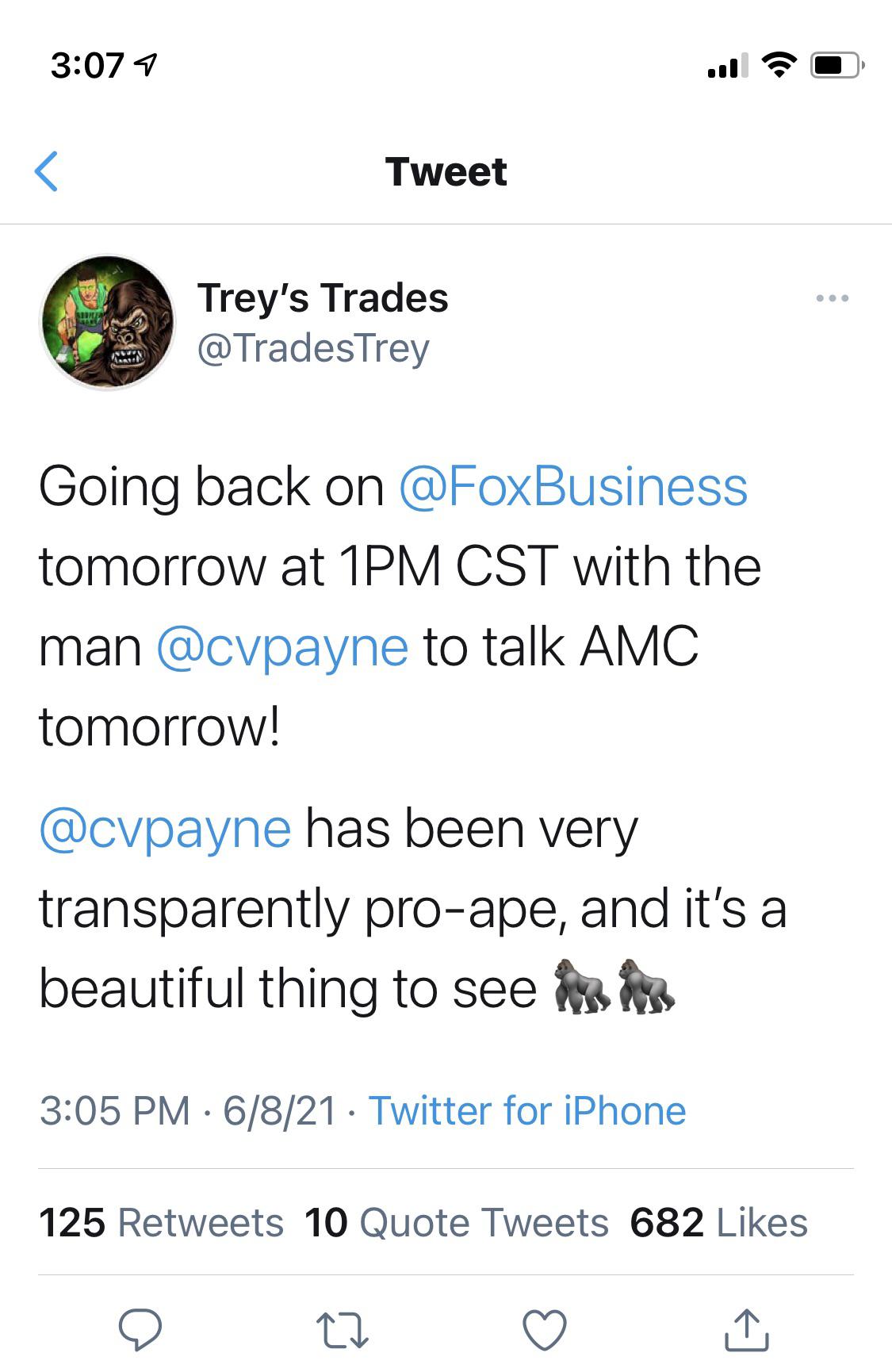 Trey going on Fox Business News to talk AMC with Charles Payne tomorrow