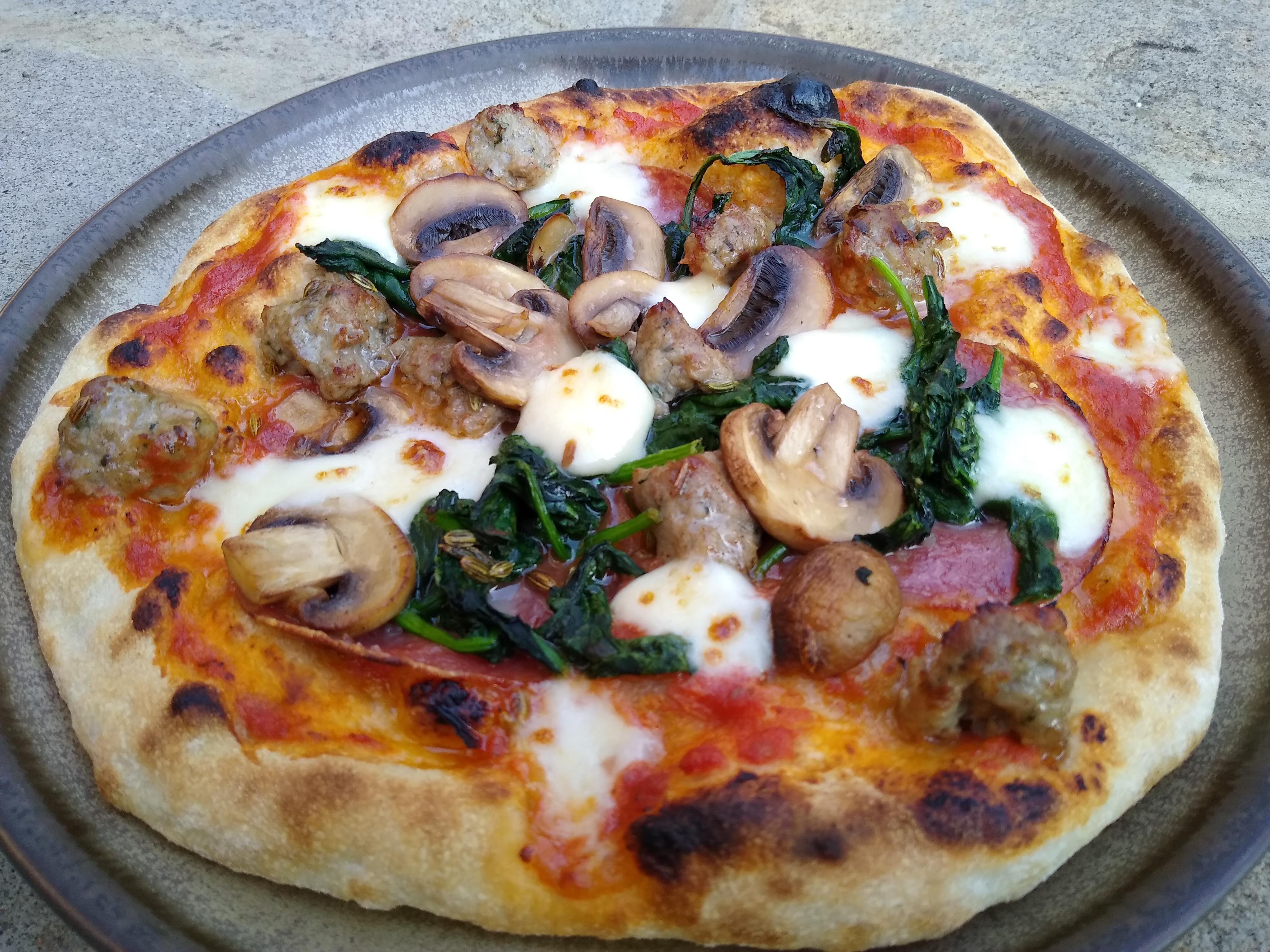 Frying pan pizza, finished under the grill. Pizza