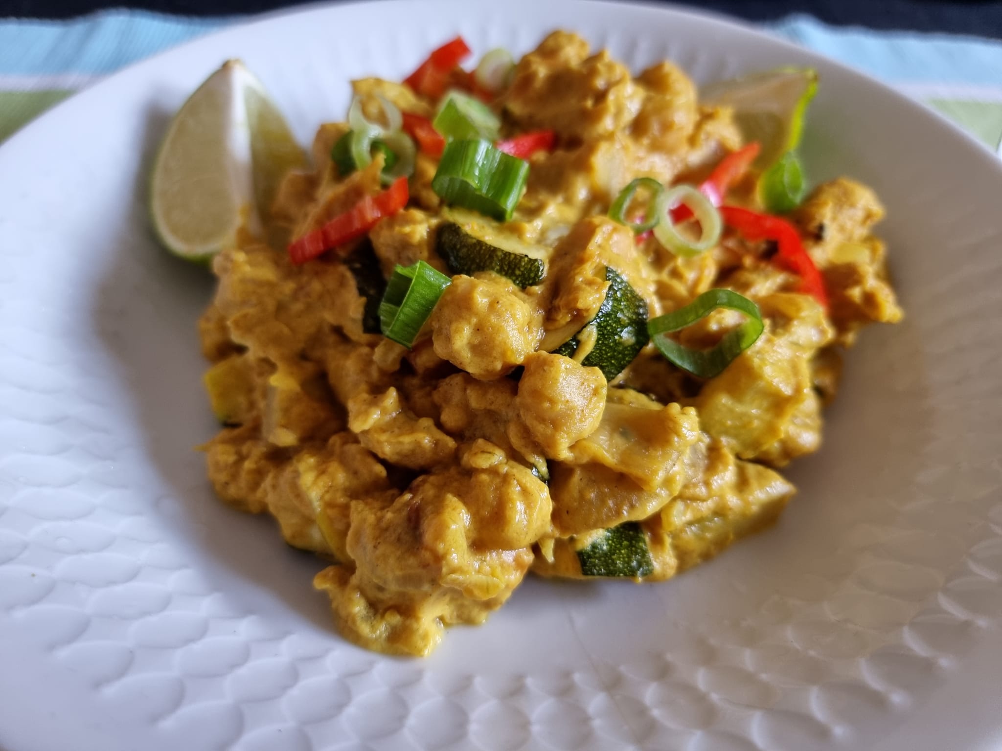 Vegan massaman curry with potatoes, chickpeas, and peanut coconut sauce