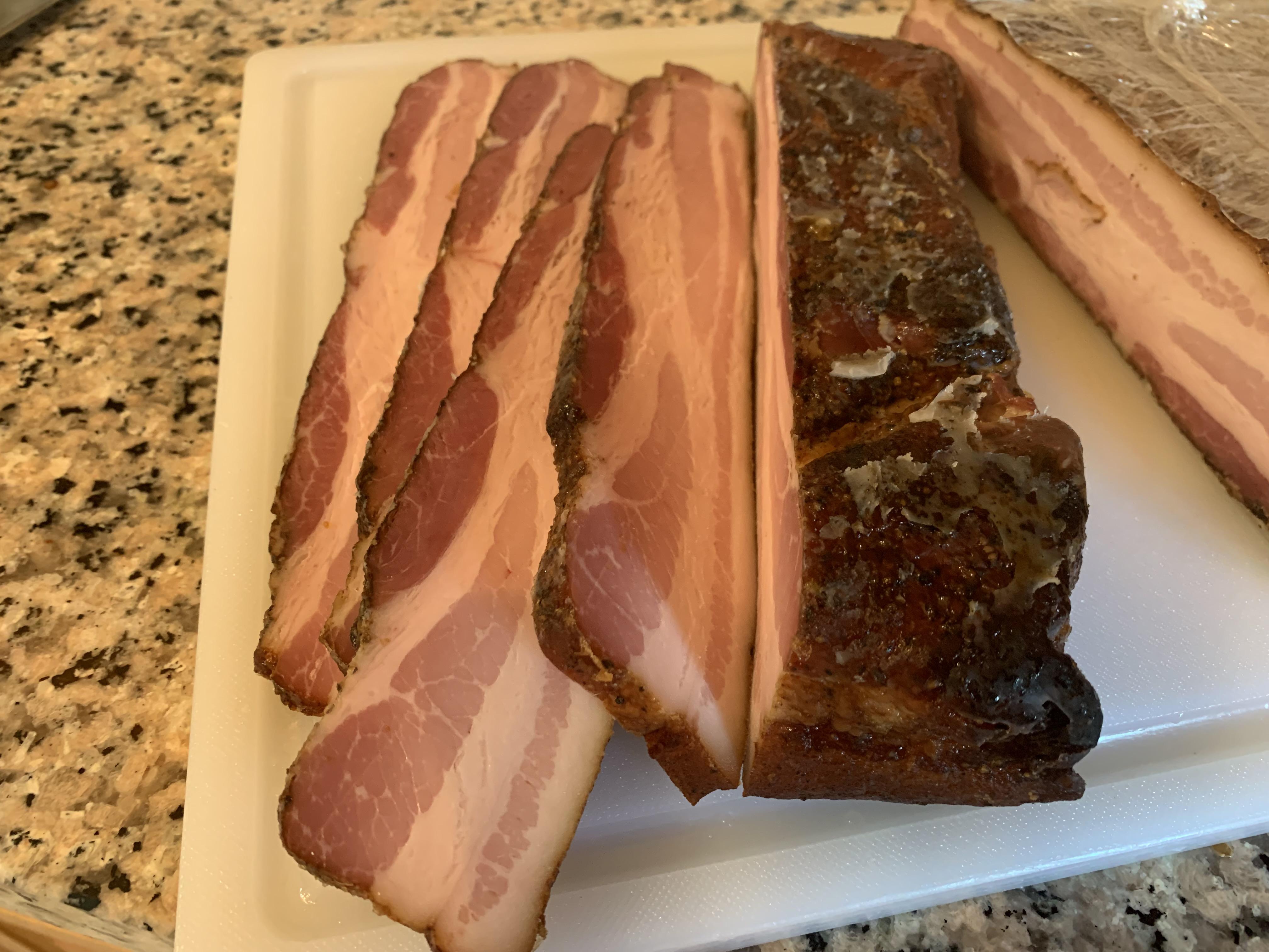 First stab at bacon. 6day dry brine, rinse, 24hr air dry, 5.5hrs smoke