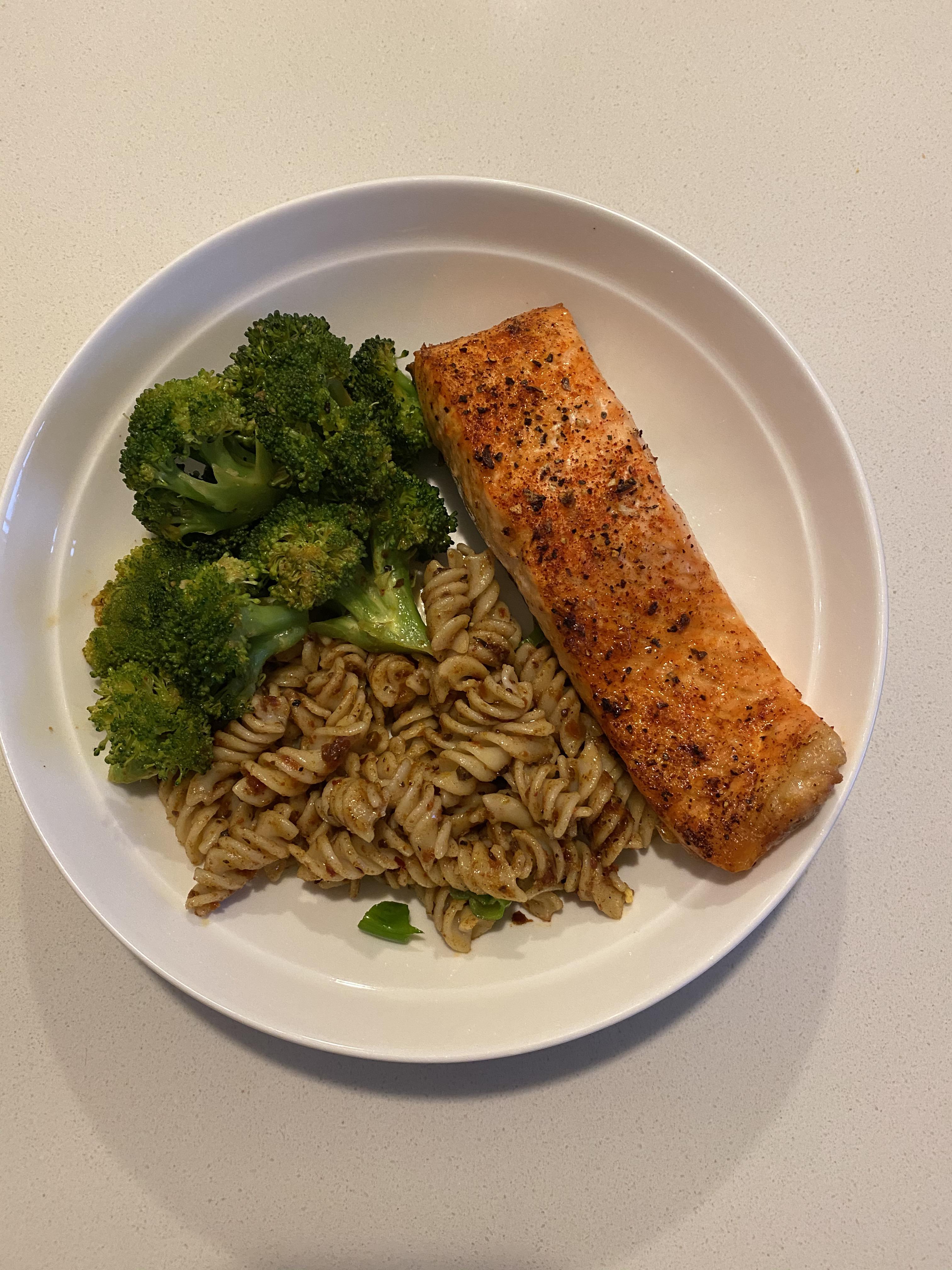 I made salmon in the air fryer, sundried tomato pesto pasta, and a