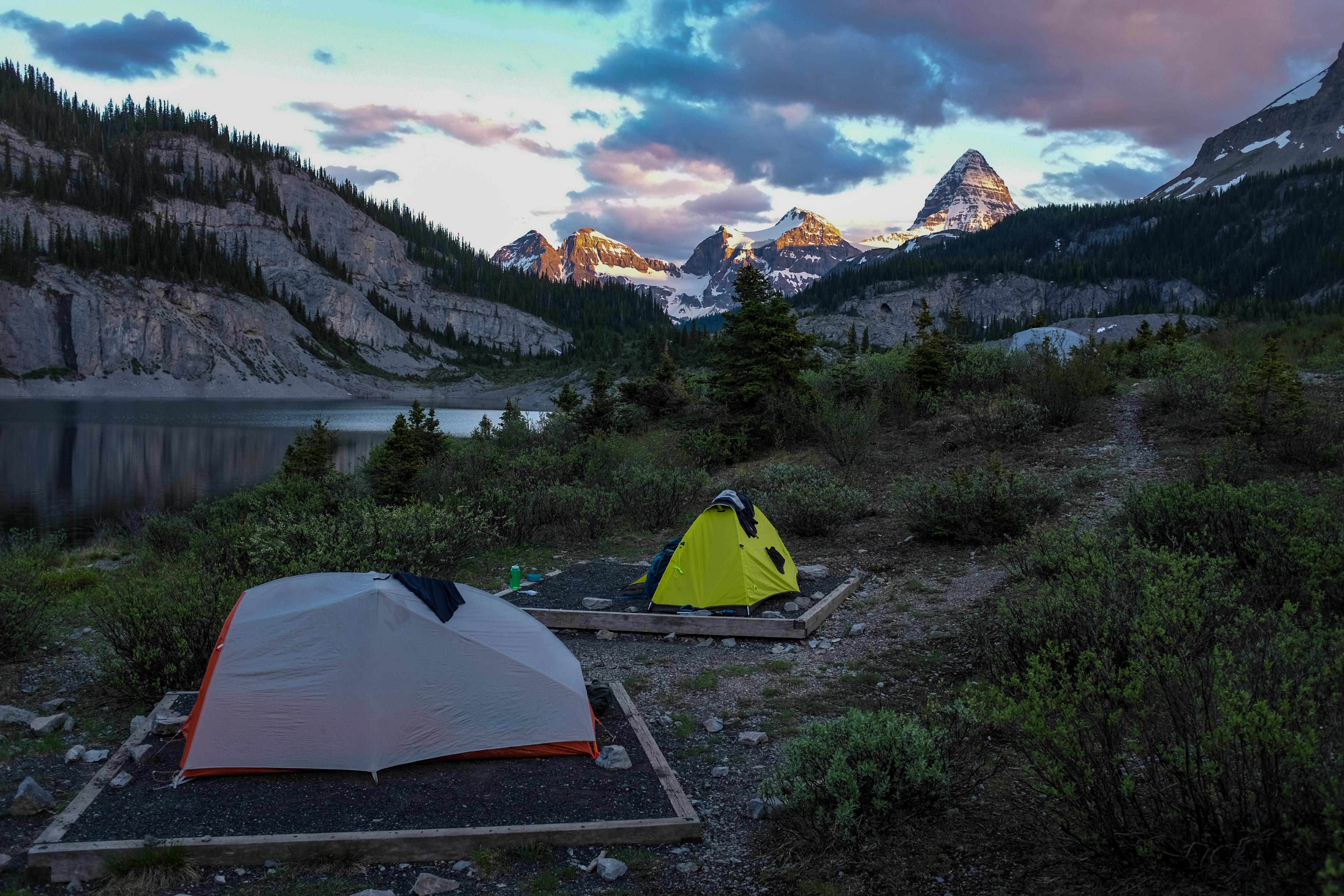 View of Mt. Assiniboine from camp at Og Lake r/WildernessBackpacking