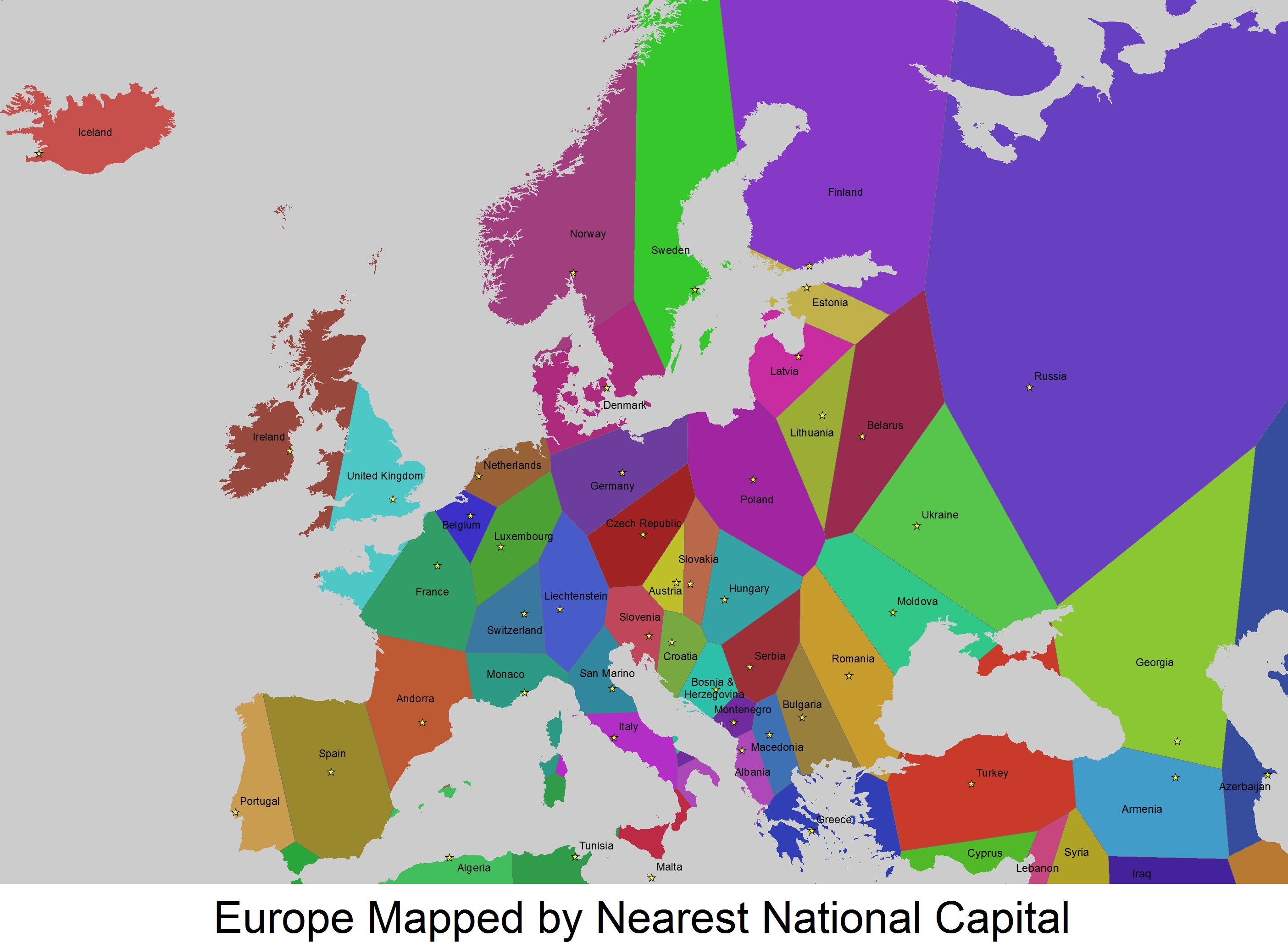 Europe Mapped by Nearest National Capital [2808x2068][OC] r/MapPorn