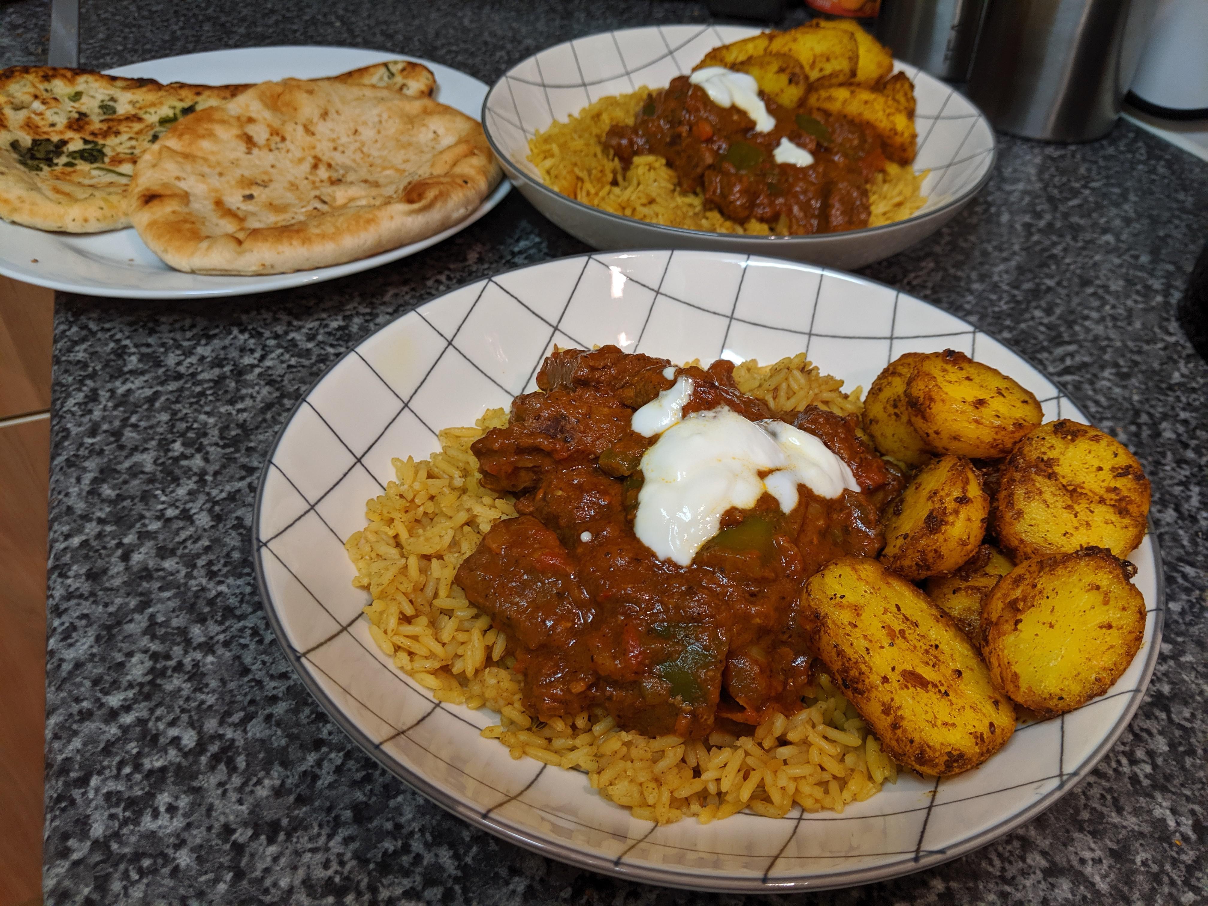 [Homemade] Slow cooked beef madras, pilau rice and bombay potatoes with