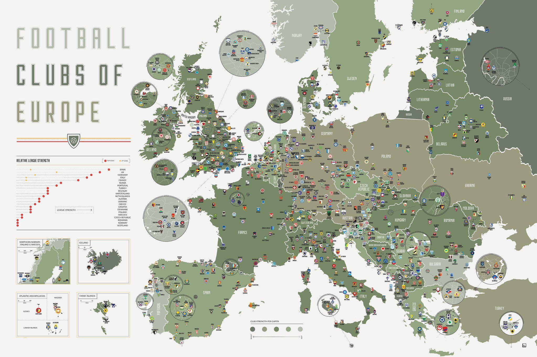 A map showing the location of the main football clubs in Europe that