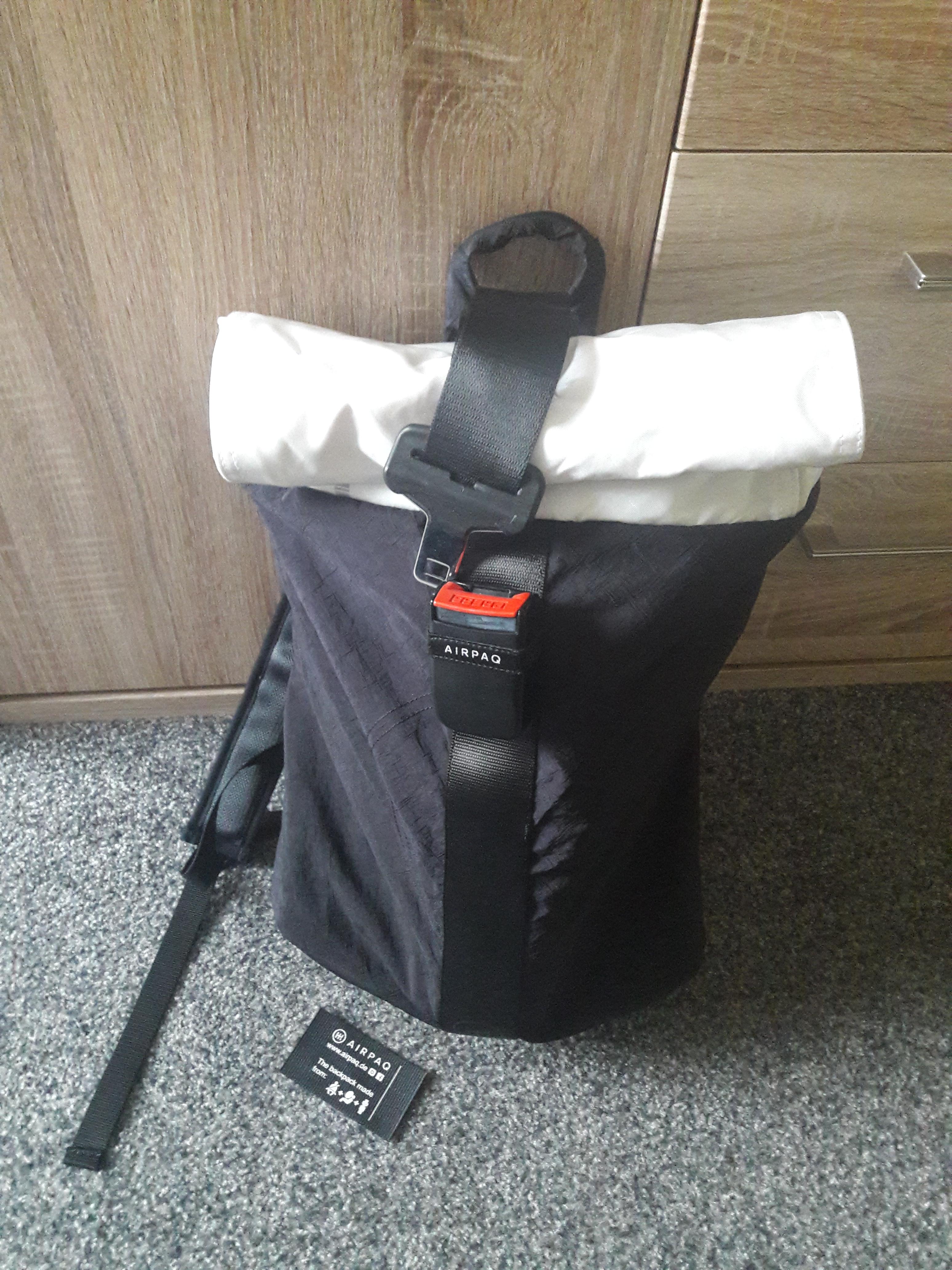 This backpack is made of upcycled airbags and seat belts. Each piece is unique and was hand