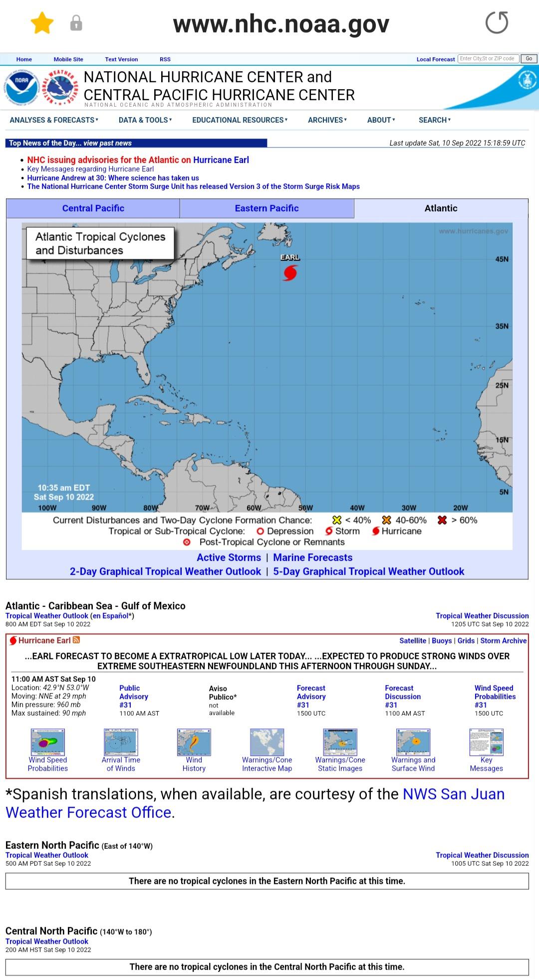 As of 1120 PM (EST) on 09102022, Hurricane Earl nears the 40th