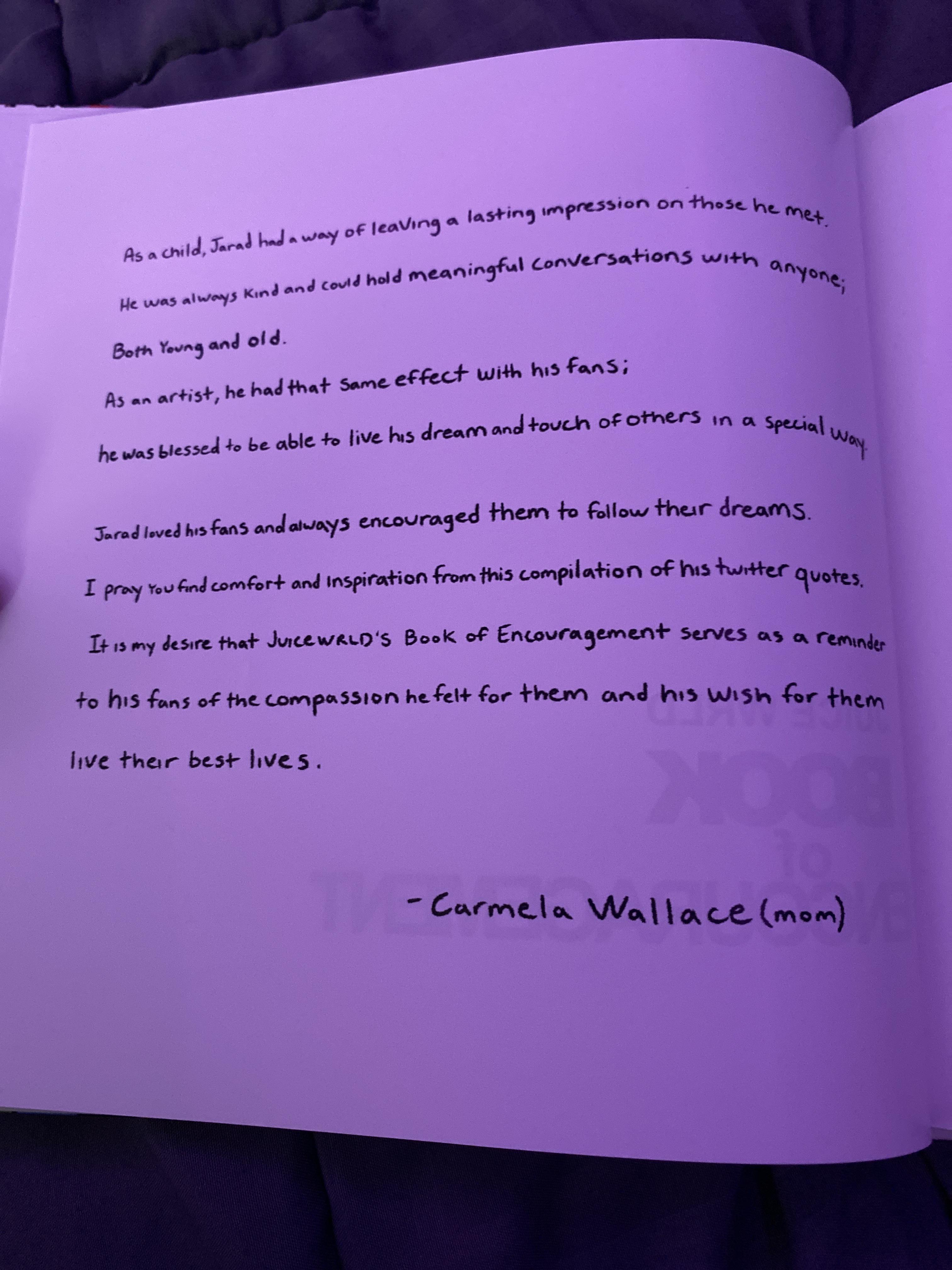 A message from Carmela Wallace in the book of ENCOURAGEMENT r/JuiceWRLD