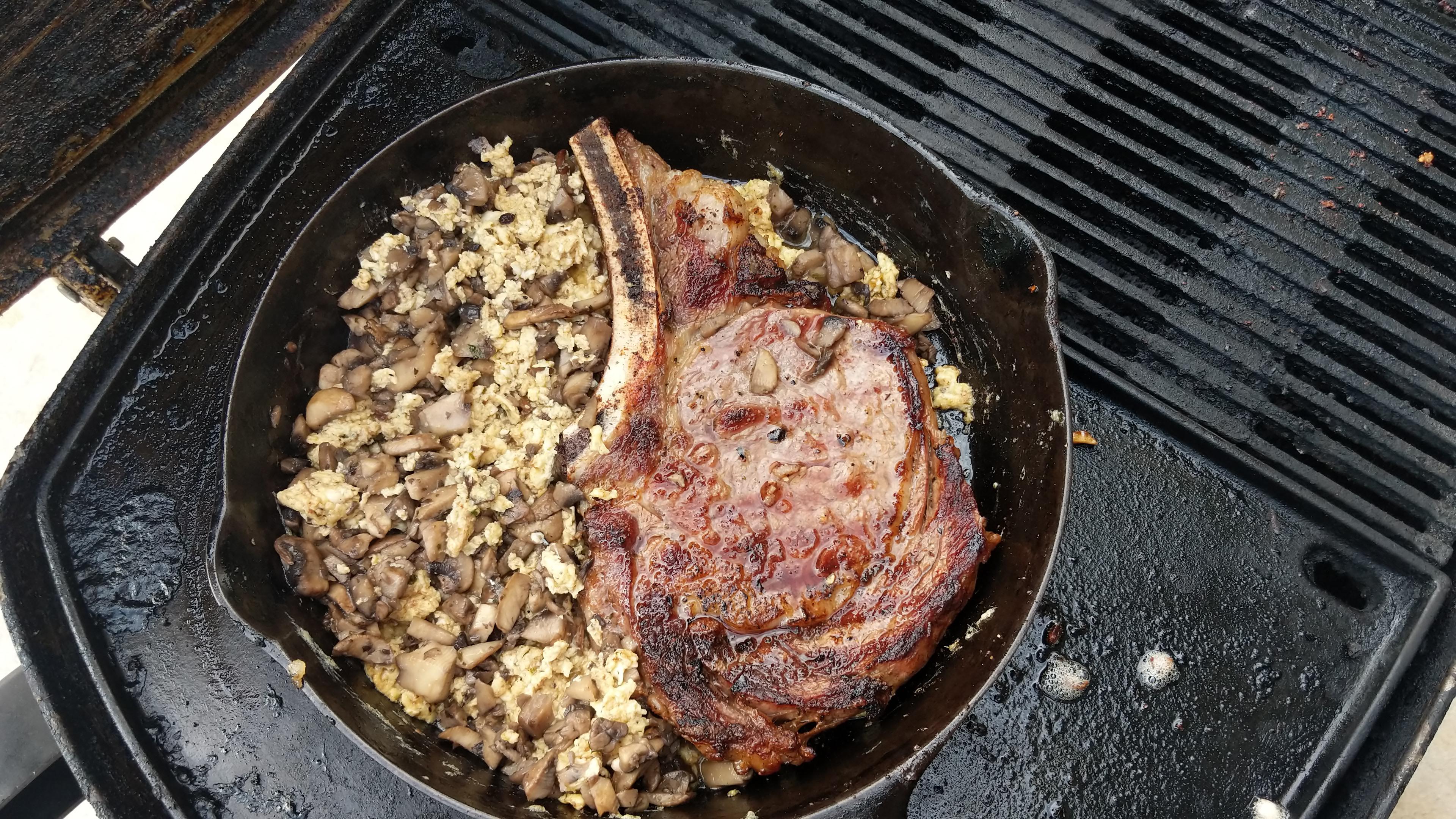 RibEye with scrambled eggs and mushrooms.. r/grilling