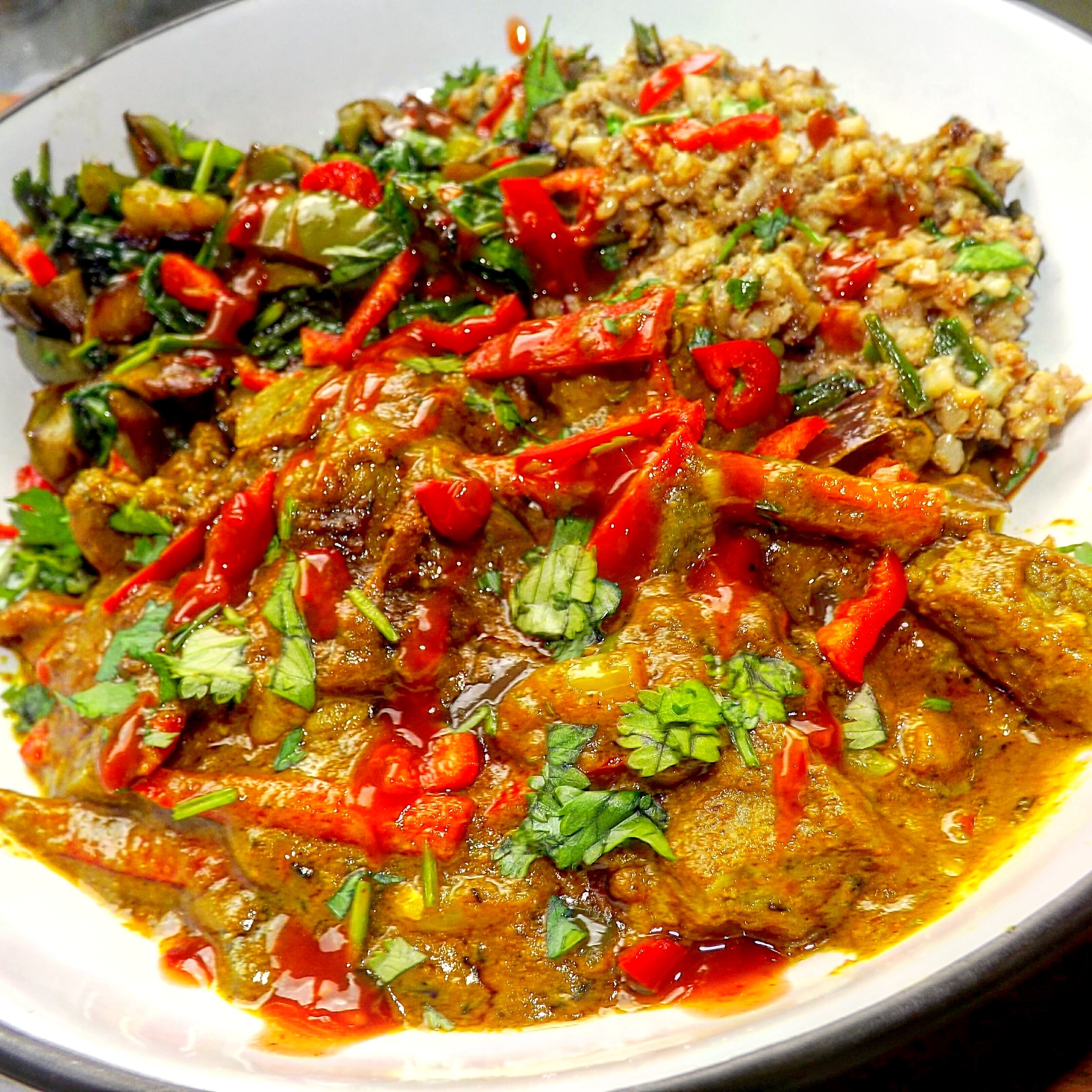 Caribbean curried lamb, with coconut and green onion cauliflower rice