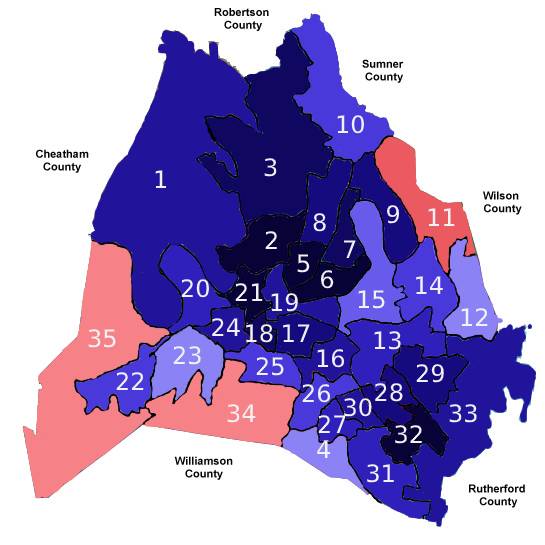 Metro Council District Map Nashville Metro Council Districts by 2020 Presidential Election Margin
