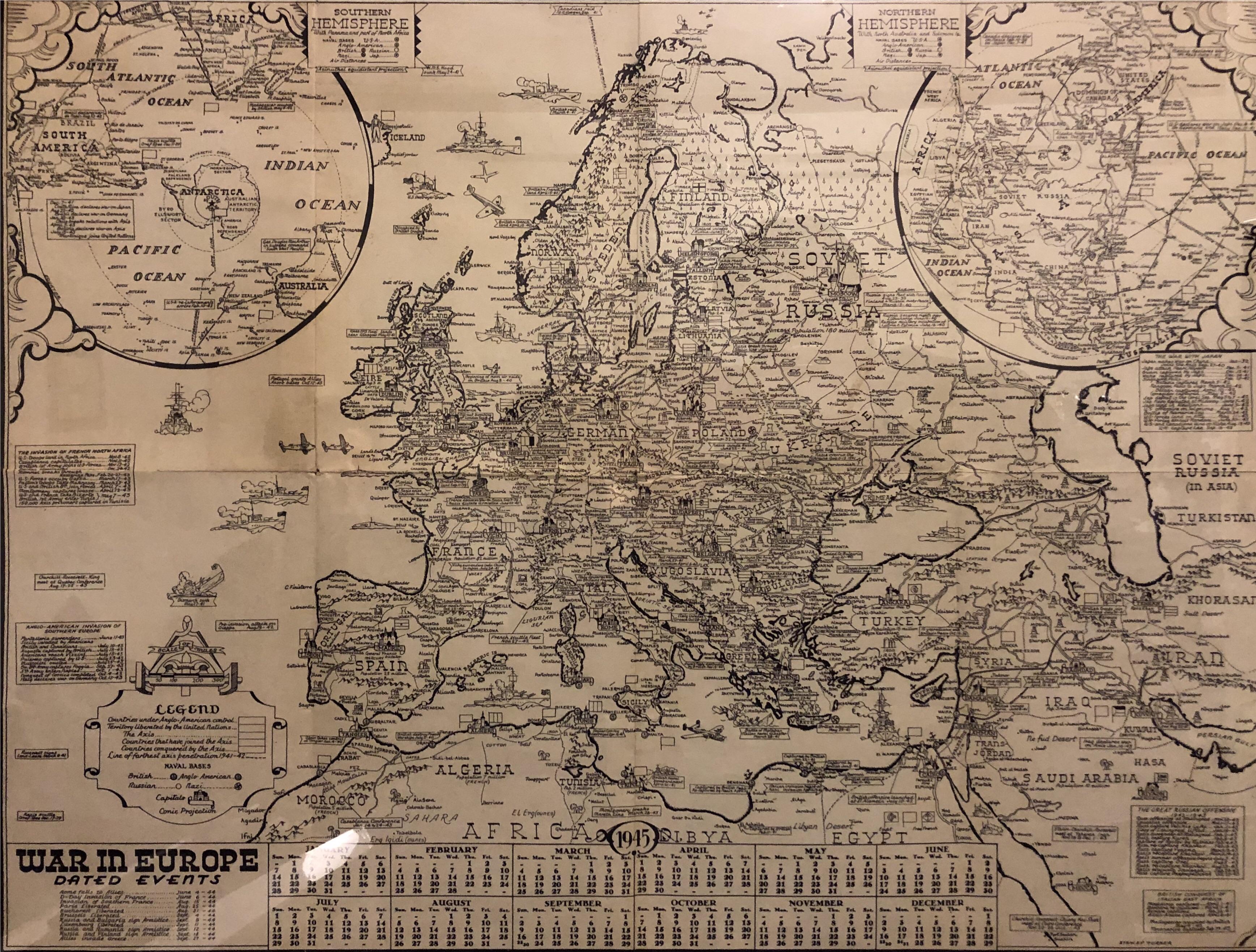 Misprinted map of the European Theater in WWII with key dates and